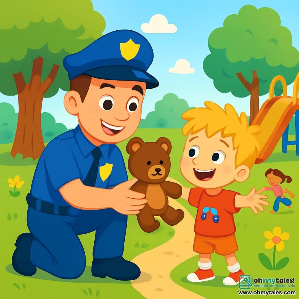 A smiling police officer in his thirties wears a bright blue uniform and a large shiny badge. His joyful and determined face has kind, sparkling eyes. He is crouching down, holding a brown teddy bear in his hands, ready to return it to a little boy. The five-year-old boy, with tousled blonde hair, is standing with his arms wide open and a big smile on his face, expressing his joy at being reunited with his stuffed friend. The park around them is lush, with leafy trees, colorful flowers, and a shiny plastic slide. Children are playing in the background, adding a cheerful atmosphere to the scene. The main focus is on the police officer returning the teddy bear to the boy, illustrating a moment of happiness and camaraderie, highlighting the joy of helping others.