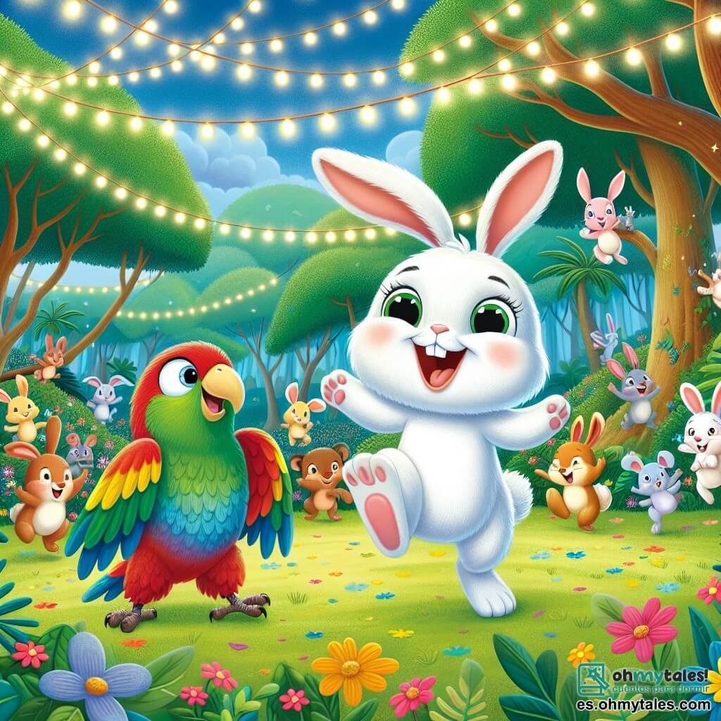 Un pequeño conejo llamado Ramón, con pelaje blanco y grandes orejas, está bailando alegremente en medio de una fiesta en el bosque. Tiene una gran sonrisa en su rostro, sus ojos brillan de emoción mientras salta alrededor de sus amigos. Junto a él, un loro colorido llamado Lucho, con plumas verdes, rojas y amarillas, está posado en una rama, riendo y haciendo gestos divertidos con sus alas. El ambiente es un bosque encantado, lleno de árboles majestuosos con hojas verdes brillantes y flores multicolores que cubren el suelo. Guirnaldas de luces brillantes cuelgan entre las ramas, creando una atmósfera festiva y mágica. La escena principal muestra a Ramón y Lucho organizando una fiesta alegre con todos sus amigos animales, bailando y riendo juntos bajo un cielo azul salpicado de nubes blancas y esponjosas.