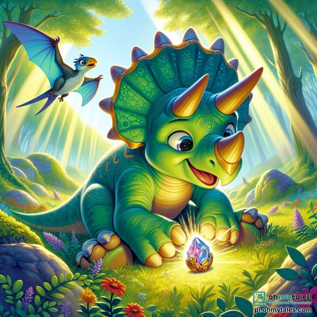 Młody triceratops o imieniu Trik stoi w centrum sceny z wyrazem ekscytacji i ciekawości na twarzy. Ma błyszczącą zieloną skórę z małymi łuskami oraz trzy majestatyczne rogi na czole. Trik dotyka tajemniczego, świecącego amuletu leżącego na ziemi, a jego oczy błyszczą radością i zdumieniem. Obok niego unosi się mały pterozaur o imieniu Ptery, z kolorowymi, niebiesko-żółtymi skrzydłami, który z dumą wspiera swojego przyjaciela. Scena rozgrywa się w Dolinie Mglistych Wzgórz, magicznej dolinie otoczonej mgłą, z dużymi drzewami o bujnych liściach. Promienie słońca przebijają się przez mgłę, oświetlając ziemię pełną kolorowych kwiatów i błyszczących kamieni. Trik właśnie odkrył legendarny amulet, symbol jedności i odwagi, czując przypływ energii i nadziei, gotowy podzielić się tym odkryciem z innymi dinozaurami w dolinie.
