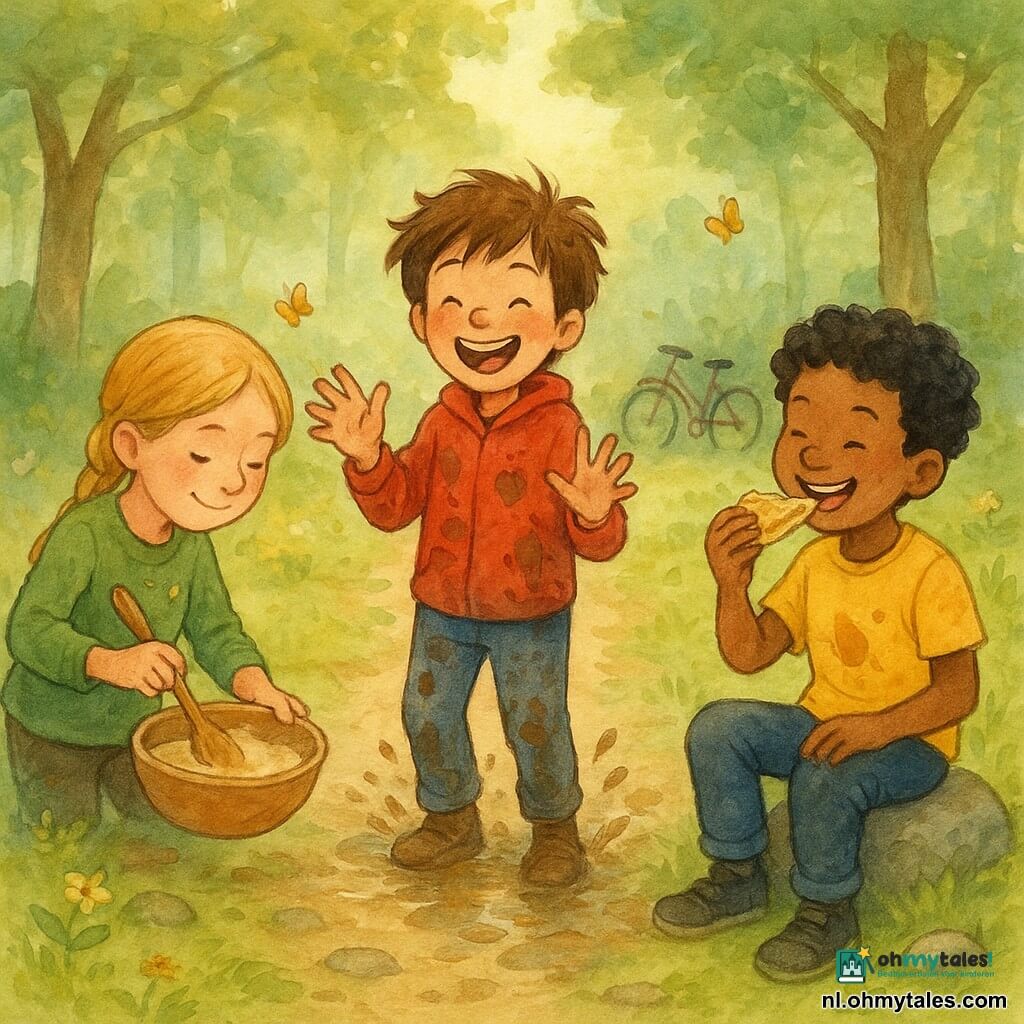 Drie kinderen: een jongen van ongeveer 10 met warrig bruin haar en een rode jas vol modder in het midden bij een plas, lachend en zijn handen uitkloppend; een meisje van circa 9 met blond gevlochten haar en een groene trui met pannenkoekdeegvlekken links, gebogen met een houten lepel en een kom, geconcentreerd glimlachend; en een jongen van ongeveer 8 met krullend zwart haar en een geel T‑shirt met siroopvlek rechts, zittend op een steen en blij een pannenkoek etend. Locatie: zonnig bospad met groene bladeren, bloemen, een grasrijke open plek met stenen, modderplas; op de achtergrond tegen een boom geleunde fietsen en fladderende vlinders. Situatie: geïmproviseerd picknick na een fietstocht, rommelige pannenkoeken, modderspatten en gedeeld gelach, zachte aquarellook met warme kleuren en vage, expressieve lijnen.