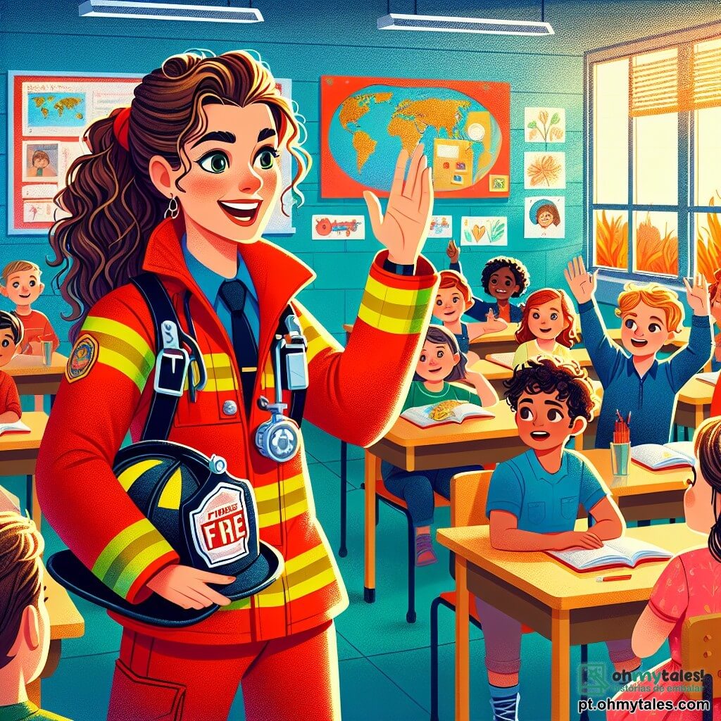 Uma mulher bombeira chamada Bia, sorridente e cheia de energia, veste um uniforme vermelho vivo com um capacete brilhante. Ela fala com as crianças, gesticulando entusiasticamente para explicar sua profissão. Seus cabelos castanhos estão presos em um rabo de cavalo, e seus olhos brilham de alegria. Ao lado dela, um menino chamado Léo, com cerca de 8 anos, cabelos loiros bagunçados e uma camiseta azul, a escuta atentamente, com os olhos arregalados de admiração. Ele segura um pequeno brinquedo de caminhão de bombeiros nas mãos, inclinado para frente, cativado pela história de Bia. Atrás deles, uma menina chamada Sofia, de 7 anos, com cabelos castanhos cacheados e um vestido rosa, sorri e levanta a mão para fazer uma pergunta. Ela está sentada em uma pequena cadeira, cercada por outras crianças, todas curiosas e atentas. A cena acontece em uma sala de aula iluminada, com desenhos coloridos nas paredes e janelas que deixam entrar a luz do sol. Mesas de madeira estão dispostas em fileiras, e um grande mapa-múndi está pendurado no quadro. A situação principal mostra Bia, a bombeira, compartilhando sua paixão pela profissão com as crianças, cativando-as com histórias de bravura e solidariedade, enquanto as encoraja a serem curiosas e corajosas.