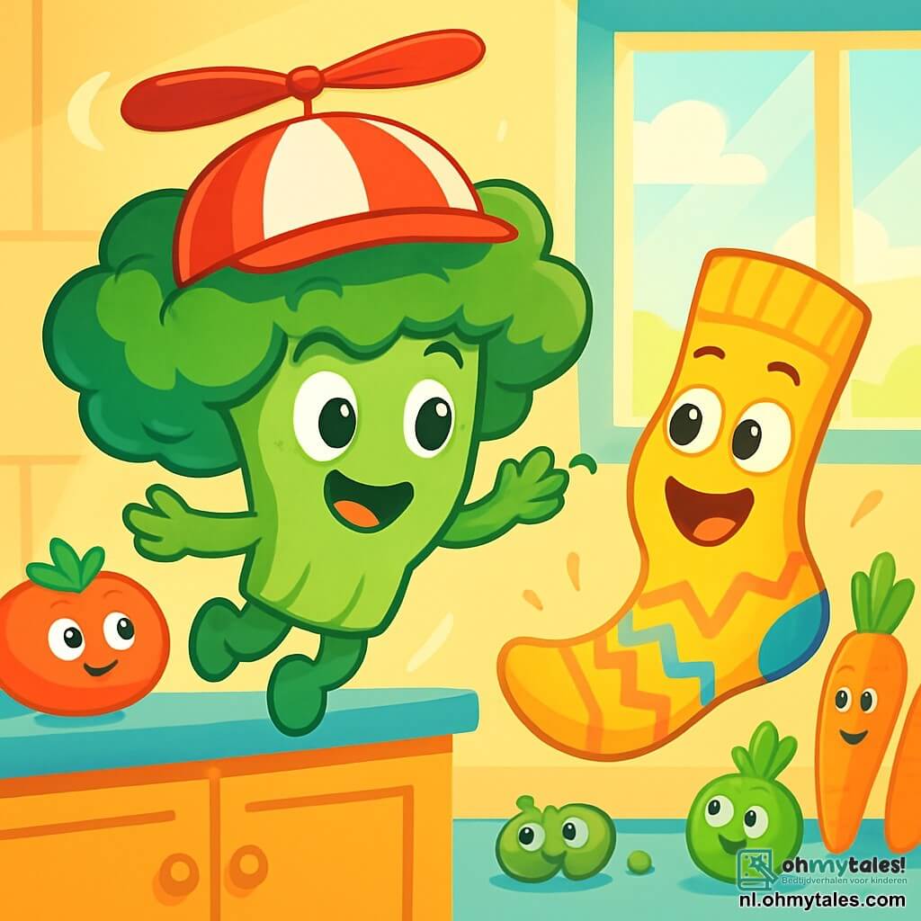Broccolino, een schattige kleine broccoli met een grote rood-witte helikopterhoed, zweeft vrolijk in de lucht, terwijl zijn glanzende groene bladeren in de wind wapperen, met een grote glimlach op zijn gezicht. Naast hem springt Sokkie, een gele sok met sprankelende ogen en een grote glimlach, enthousiast, terwijl zijn kleurrijke zigzagpatronen in de lucht zwiepen. De achtergrond is een lichte keuken, vol met kleurrijke groenten: rode tomaten, oranje wortels en groene erwten, die allemaal vol verwondering kijken. Het zonlicht stroomt door het raam en verlicht de scène met een zachte warmte. De hoofdsituatie toont Broccolino die vrolijk boven de keuken vliegt, terwijl Sokkie, helemaal opgewonden, probeert hem te bereiken, wat een feestelijke en avontuurlijke sfeer vol lachen en verrassingen creëert.