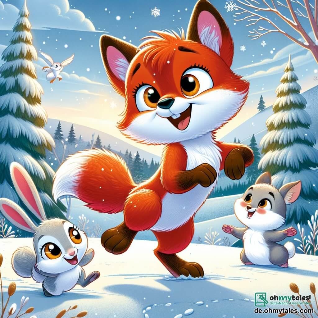 Ein kleiner roter Fuchs namens Felix, mit großen, neugierigen Augen, tanzt fröhlich im Schnee, sein Fell glänzt in der Wintersonne. Er hat ein strahlendes Lächeln und seine Lieblingsschneeflocke hängt an der Spitze seiner Nase. In der Nähe hüpft ein kleiner grauer Hase namens Hoppel mit großen Ohren und rosa Wangen begeistert herum, seine Augen leuchten vor Freude, während er Felix lachend applaudiert. Ein Stück weiter sitzt eine majestätische weiße Eule, Ella, auf einem Ast und beobachtet die Szene mit einem wohlwollenden Blick, ihr weiches, flauschiges Gefieder kontrastiert mit dem blauen Himmel. Die Szenerie ist eine wunderschöne Winterlandschaft mit schneebedeckten Bäumen, sanften Hügeln und einem klaren Himmel, der mit leichten Wolken gesprenkelt ist. Die Hauptsituation zeigt Felix, der fröhlich tanzt, umgeben von seinen Freunden, und die Schönheit des Winters sowie die Freude an der Freundschaft feiert.