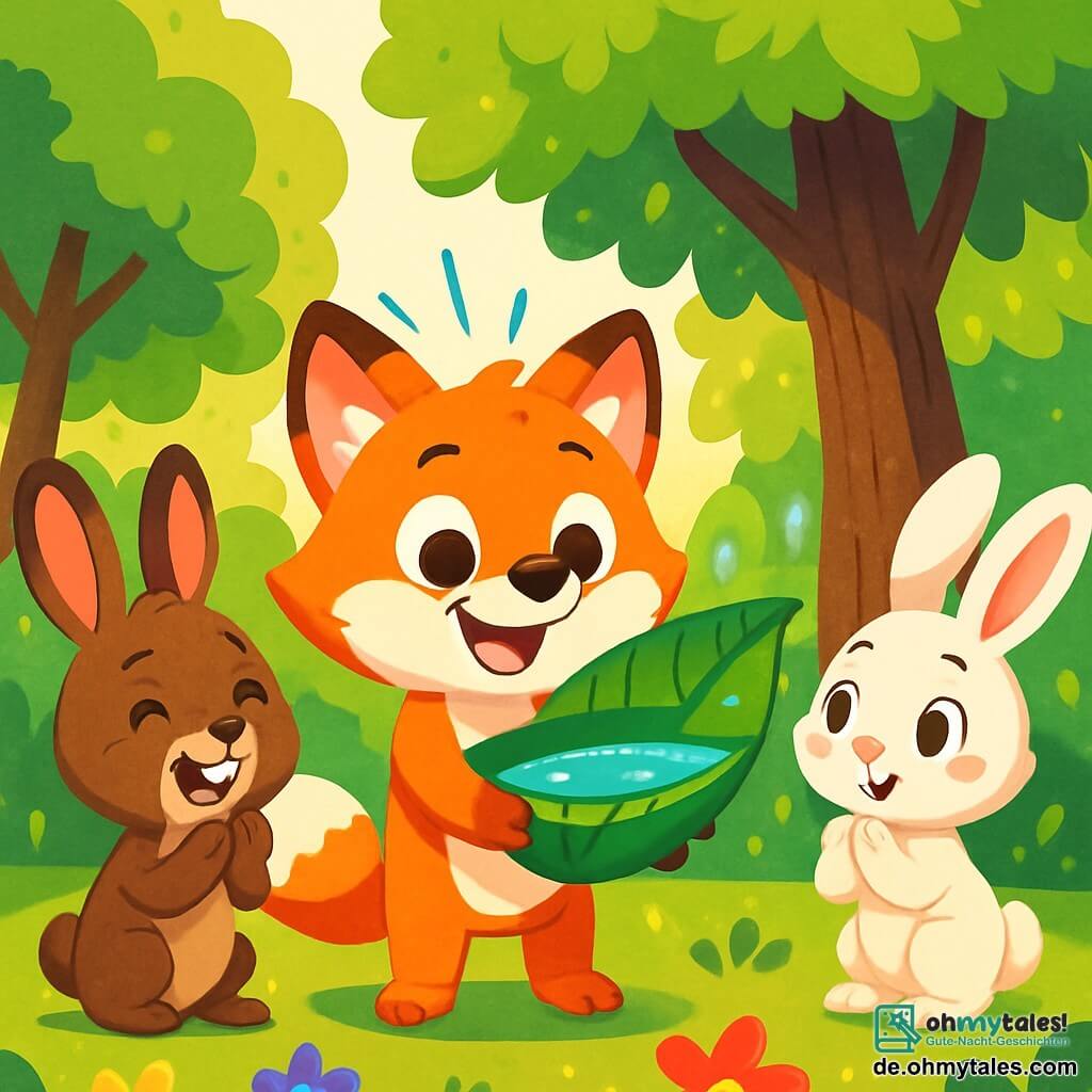 Im Zentrum des Bildes steht ein kleiner Fuchs namens Finn, mit leuchtend orangefarbenem Fell und strahlend fröhlichen Augen, der breit lächelt, während er ein großes Blatt mit Wasser hält. Er strahlt Glück und Begeisterung aus. Zu seiner Rechten schaut ein kleines weißes Kaninchen namens Mia, mit großen Ohren und neugierigem Blick, bewundernd zu Finn, ihre rosa Wangen verraten ihre Aufregung. Links applaudiert ein junger Hase namens Max, mit braunem Fell und glänzenden Augen, fröhlich, mit einem breiten und ehrlichen Lächeln. Die Szenerie spielt in einer grünen Lichtung des großen, hellen Waldes, wo majestätische Bäume mit leuchtend grünen Blättern einen bezaubernden Rahmen bilden. Bunte Blumen in Gelb, Lila und Rot schmücken den Boden. Die Hauptsituation zeigt Finn, der einen alten magischen Baum gießt, dessen Blätter sich unter der Sonne aufrichten und funkeln, während Mia und Max ihn mit Freudenrufen anfeuern. Die Atmosphäre ist festlich und lebendig und spiegelt den Geist von Teilen und Freundschaft im Ramadan wider.