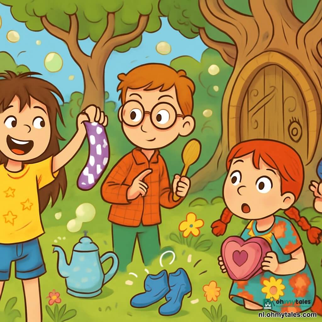Er zijn 3 personages: - Mila: een 9-jarig meisje met lange, rommelige bruine haren, gekleed in een gele t-shirt met sterren en een spijkerbroek. Ze houdt een paarse stippenkous in haar hand en heeft een grote glimlach op haar gezicht. - Bram: een 10-jarig jongen met licht scheve ronde brillen, gekleed in een rood geruit overhemd en groene broek. Hij houdt een oude gouden lepel vast en kijkt nieuwsgierig naar Mila. - Noor: een 9-jarig meisje met helderrode vlechten, gekleed in een kleurrijke bloemenjurk. Ze zit op haar hurken bij een grote boomschors, met een hartvormige lunchtrommel in haar handen en grote ogen van verbazing. De locatie is een magisch park, vol met bomen met kromme stammen en schitterende bloemen die lijken te dansen op de wind. Limonadebellen zweven in de lucht, terwijl een grote houten deur met vreemde patronen zichtbaar is achter een reusachtige boom, met dikke wortels die zich uitstrekken als armen. De belangrijkste situatie toont de drie kinderen die een geheime deur in het park ontdekken, omringd door magische objecten: een vrolijk dampende theepot, dansende schoenen en kleurige bellen die om hen heen knappen, terwijl een klein eekhoorntje met een tovenaarshoed hen met een ondeugende glimlach observeert.