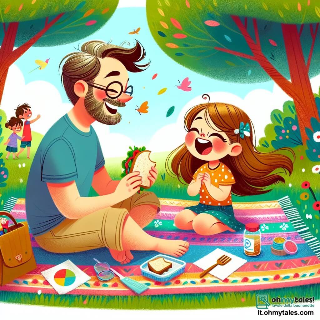 Una bambina di 4 anni, di nome Mia, con lunghi capelli castani e occhi scintillanti di gioia, è seduta su una coperta colorata in un parco. Sorride ampiamente, tenendo un panino in una mano e una piccola bandiera fatta in casa nell'altra, piena di eccitazione per la festa del papà. Accanto a lei, suo padre, un uomo di circa 30 anni con una barba morbida e occhiali, ride guardando la figlia, seduto sulla coperta. Indossa una maglietta blu e pantaloni beige, e tiene un sacchetto di caramelle appena scoperto. Il parco è verdeggiante, con grandi alberi dalle foglie brillanti e fiori colorati che danzano nel vento. In lontananza, si vedono bambini che giocano e uccelli che cantano nel cielo blu. La scena principale mostra Mia e suo padre mentre celebrano la festa del papà con un allegro picnic, circondati da risate e dolcetti, creando insieme ricordi indimenticabili.