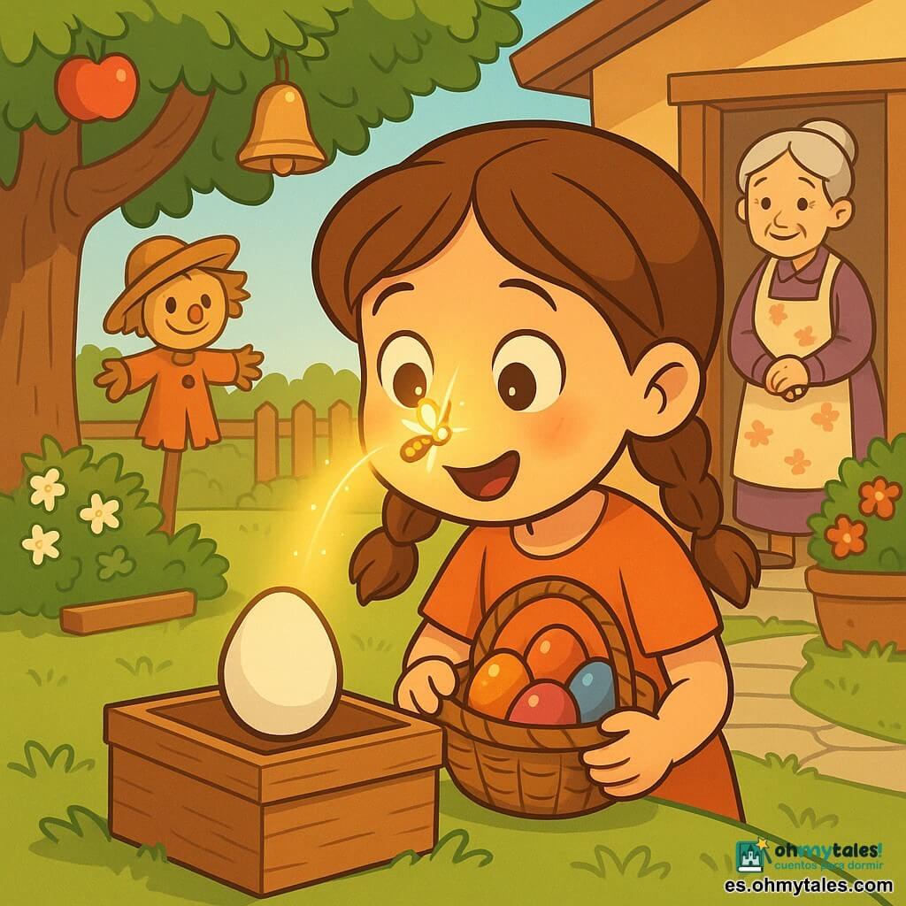 Niña de 6 años de rostro redondo, cabello castaño en dos trenzas, ojos grandes sorprendidos y sonrisa dulce; sostiene un pequeño cestillo de mimbre con huevos de colores y mira asombrada un huevo blanco en una caja de madera abierta. Un rayo de luz sale del huevo y forma una luciérnaga luminosa que roza su nariz; los huevos de chocolate del cesto parecen brillar más. Expresión de maravilla y ternura, manos delicadas en el borde del cesto, postura inclinada hacia el huevo; luz cálida y suave sobre su rostro. Una anciana de unos 70 años, rostro arrugado pero amable, pelo gris en moño y delantal floreado, está en la puerta de la casa al fondo sonriendo con ternura. Cerca del manzano hay un pequeño espantapájaros con sombrero de paja, divertido y amigable, inclinado observando la escena. Jardín matinal de casa con césped verde, parterre de flores (geranios rojos, jazmín blanco), un manzano de tronco ancho con una pequeña campanilla de latón en una rama, una caja de madera al pie del árbol, camino de piedras y valla de madera pintada; ambiente suave en colores pastel, contrastes cálidos, sensación de sorpresa y alegría.