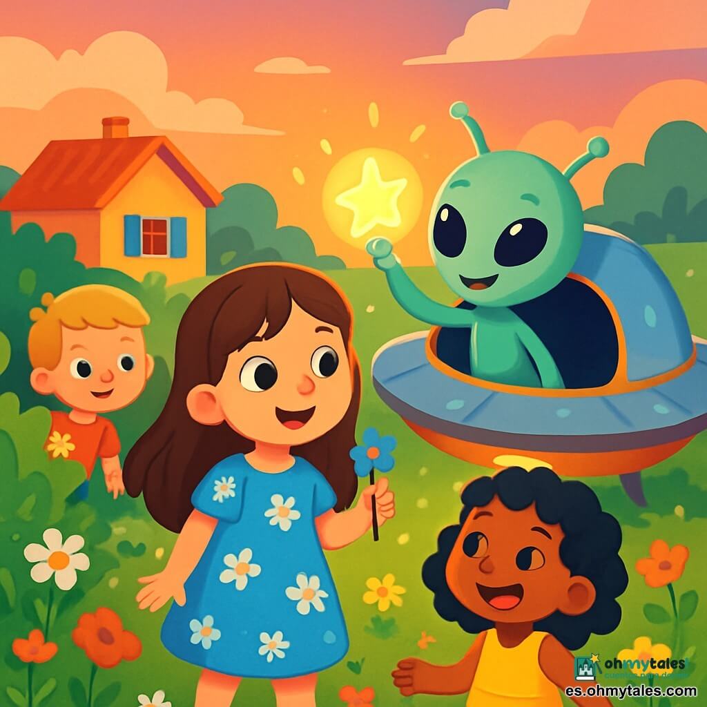 Hay 3 personajes: - Sofía: una niña de 5 años con largos cabellos castaños y ojos brillantes. Lleva un vestido azul con flores blancas y sostiene una pequeña flor azul en su mano. Está en el centro, sonriendo, mirando a la criatura. - Mateo: un niño de 5 años con cabello corto y rubio. Lleva una camiseta roja y un pantalón corto de mezclilla. Está un poco atrás, escondido detrás de un arbusto, pero observa con curiosidad. - Lina: una niña de 5 años con cabello rizado y negro, que lleva un vestido amarillo. Está al lado de Sofía, sosteniendo su mano, y tiene una gran sonrisa en su rostro. El lugar es un prado verde, salpicado de flores coloridas, con margaritas y amapolas que bailan con la brisa. Al fondo, se ve una pequeña casa de campo con contraventanas azules y un cielo crepuscular lleno de tonos rosas y naranjas. Una pequeña nave redonda y brillante está en medio de las flores, emitiendo una suave luz. La situación principal muestra a Sofía, Mateo y Lina encontrando a una criatura extraterrestre amistosa, con grandes ojos brillantes y una cálida sonrisa, que sale de su nave. Los niños están asombrados, y la criatura les muestra un juguete luminoso, creando una atmósfera mágica y alegre.