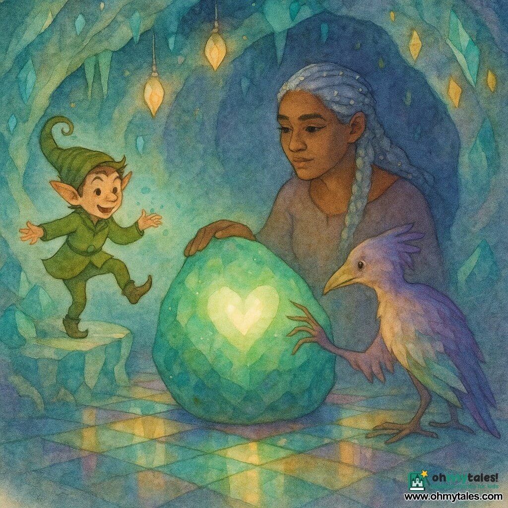 The main character is a sprite named Brim with a mischievous face and sparkling eyes, a joyful reassuring expression, a small agile body in a moss-green coat and spiral hat, holding mint crumbs and dancing lightly on a crystal ledge; Liora, about 20, with silver hair braided with tiny meteorite fragments and a gentle calm gaze, stands near Brim with a protective hand on a large glowing meteorite at the center; Arin, a spindly creature with shifting feathers (lavender, mint, sunset gold), shy but curious, uncoils from its shadow to touch the meteorite's heart with rootlike fingers; the setting is Heart Hollow, a mining cavern lined with blue-green crystals and golden flecks, glasslike stalactites, firefly-shaped hanging lamps and a polished floor reflecting multicolored light like stained glass; the scene shows Brim and Liora welcoming Arin to the pulsing green-lit meteorite, a warm magical meeting in pastel watercolor tones with soft contrasts between emerald light and violet shadows.