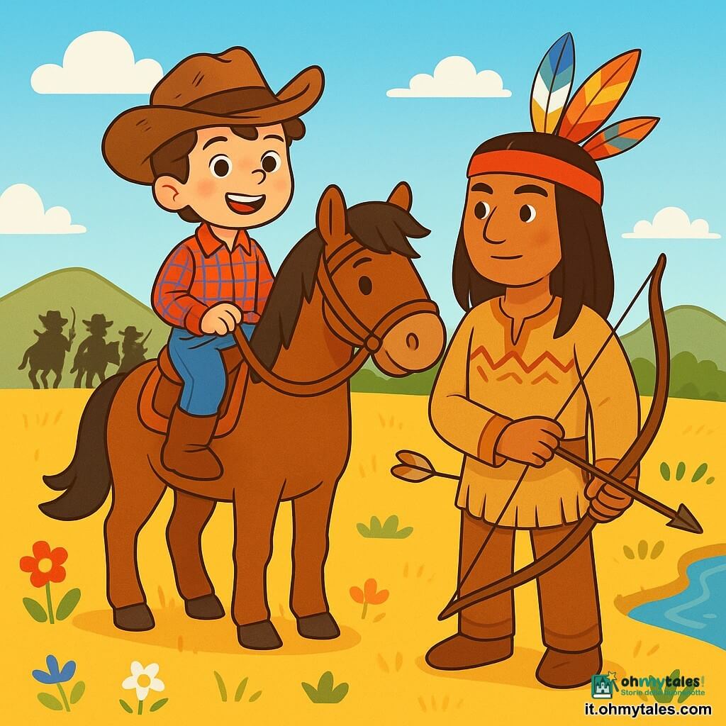 Un giovane cowboy, un ragazzo di 12 anni di nome Luca, è fiero sul suo cavallo marrone, con un grande sorriso determinato. Indossa un cappello da cowboy usurato, una camicia a quadri rossi e blu e stivali di pelle. I suoi occhi brillano di eccitazione e coraggio mentre guarda lontano. Accanto a lui, un indiano saggio di circa 30 anni, vestito con una tunica di pelle decorata con piume colorate, tiene un arco in mano, pronto a difendere il suo territorio. Il paesaggio è una vasta prateria dorata, con fiori selvatici colorati e colline ondulate all'orizzonte sotto un cielo blu. La scena principale mostra Luca e l'indiano uniti, discutendo con passione per trovare una soluzione pacifica di fronte a un gruppo di banditi minacciosi che si avvicinano, creando una tensione palpabile nell'aria.