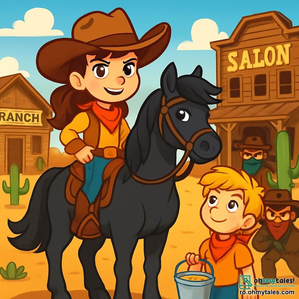 O fată cowboy curajoasă, Mara, de aproximativ 10 ani, cu gene lungi și ochi strălucitori de determinare, poartă o pălărie mare de cowboy și cizme din piele uzată. Ea stă pe calul ei negru, Fulger, care are o coamă strălucitoare și mușchi bine definiți, în timp ce zâmbește cu încredere, pregătită să înfrunte bandiții. Lângă ea, Billy, un băiat de 12 ani cu părul blond în dezordine și un bandană roșie în jurul gâtului, privește cu admirație, ținând un găleată de limonadă. În fundal, un ranch tipic din Vestul Sălbatic, cu pereți din lemn îmbătrânit, un saloon mare și cactuși împrăștiați sub un cer albastru strălucitor, creează o atmosferă caldă și însorită. Situația principală o arată pe Mara provocând bandiții, care se apropie cu priviri amenințătoare, în timp ce ea stă mândră pe calul ei, pregătită să-și protejeze ranch-ul și prietenii.