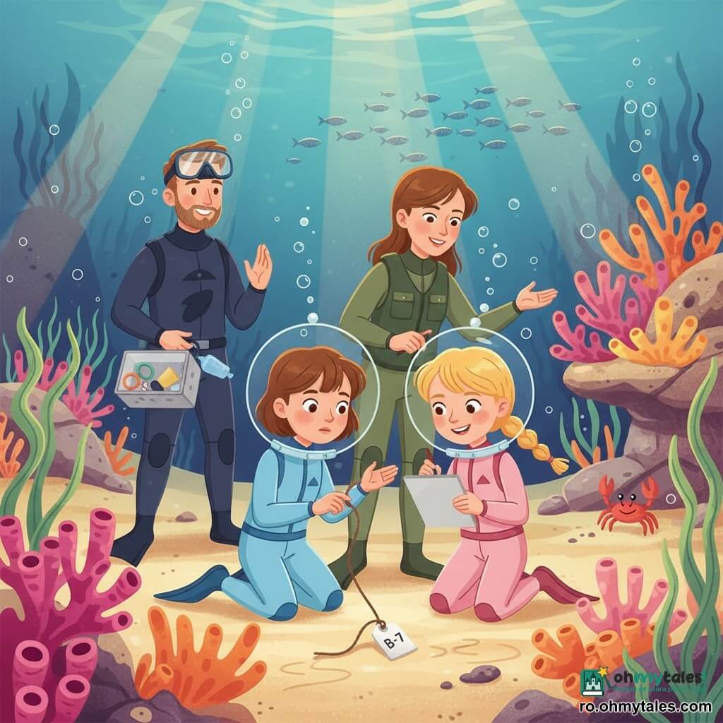 Sunt patru personaje: Mara, fetiță de 8 ani cu păr brun scurt, privire curioasă, în costum de scufundare bleu și caschetă transparentă, îngenuncheată lângă nisip atingând delicat o franjă de sfoară; Ilinca, fetiță de 8 ani cu păr blond prins, zâmbet ștrengăresc, costum roz și cască, ține o mini-tabletă acvatică pe care scrie; doamna Irina, biolog, ~35 ani, păr șaten prins, vestă verde-oliv peste costum, arată blând spre un banc de corali; Nicu, scufundător, ~40 ani, barbă scurtă, costum închis, mască pe frunte, ține o cutiuță cu găselnițe și privește recunoscător. Loc: recif tropical "Corala-Păzitoare" cu nisip fin bej, corali colorați roz-portocaliu-galben, alge verzi, bancuri de pești argintii și un crab roșu; lumină solară filtrată în raze aurii și bule care urcă. Situație: fetele descoperă o urmă scurtă în nisip și o franjă de sfoară prinsă de o etichetă de plastic marcată "B-7", scenă calmă și curioasă de observare și investigare subacvatică, reciful intact.