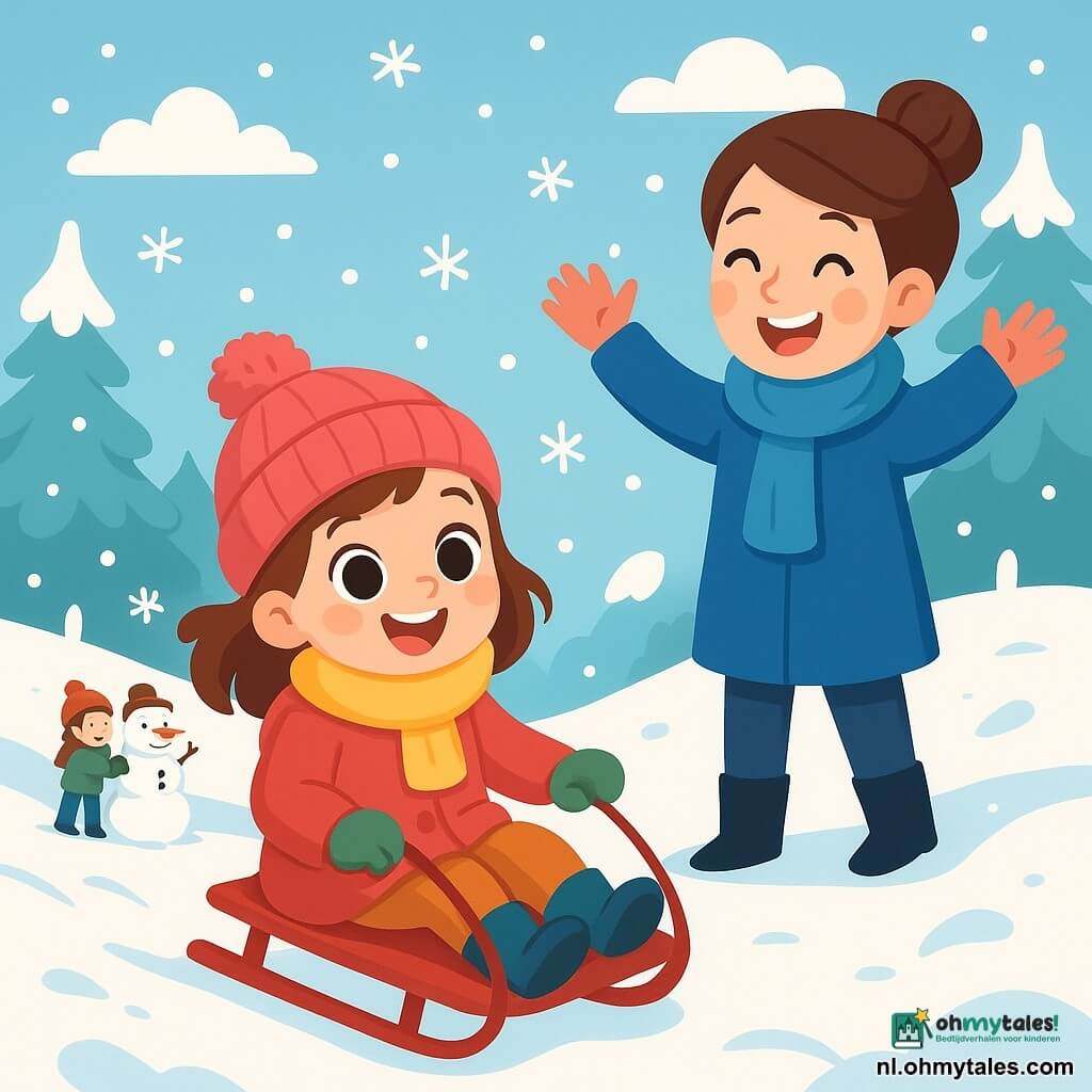 Een 4-jarig meisje met grote, glanzende ogen en een stralende glimlach draagt een mooie rode jas, een wollen sjaal en een gebreide muts. Ze glijdt vrolijk op een slee, met roze wangen van de kou, terwijl sneeuwvlokken om haar heen vallen. Naast haar staat haar moeder, een glimlachende vrouw van ongeveer 30 jaar met bruin haar in een knot, die haar aanmoedigt door haar armen op te heffen. Ze draagt een blauwe jas en een bijpassende sjaal, terwijl ze op de rand van de besneeuwde helling staat. De locatie is een winterpark met grote bomen bedekt met sneeuw, witte heuvels en een heldere blauwe lucht met wollige wolken. De scène is gevuld met wintermagie, met kinderen op de achtergrond die sneeuwpoppen maken en samen lachen. Het hoofdbeeld toont het meisje dat enthousiast met haar slee naar beneden glijdt, genietend van de vreugde en opwinding van de winter, omringd door de vredige schoonheid van de sneeuw.