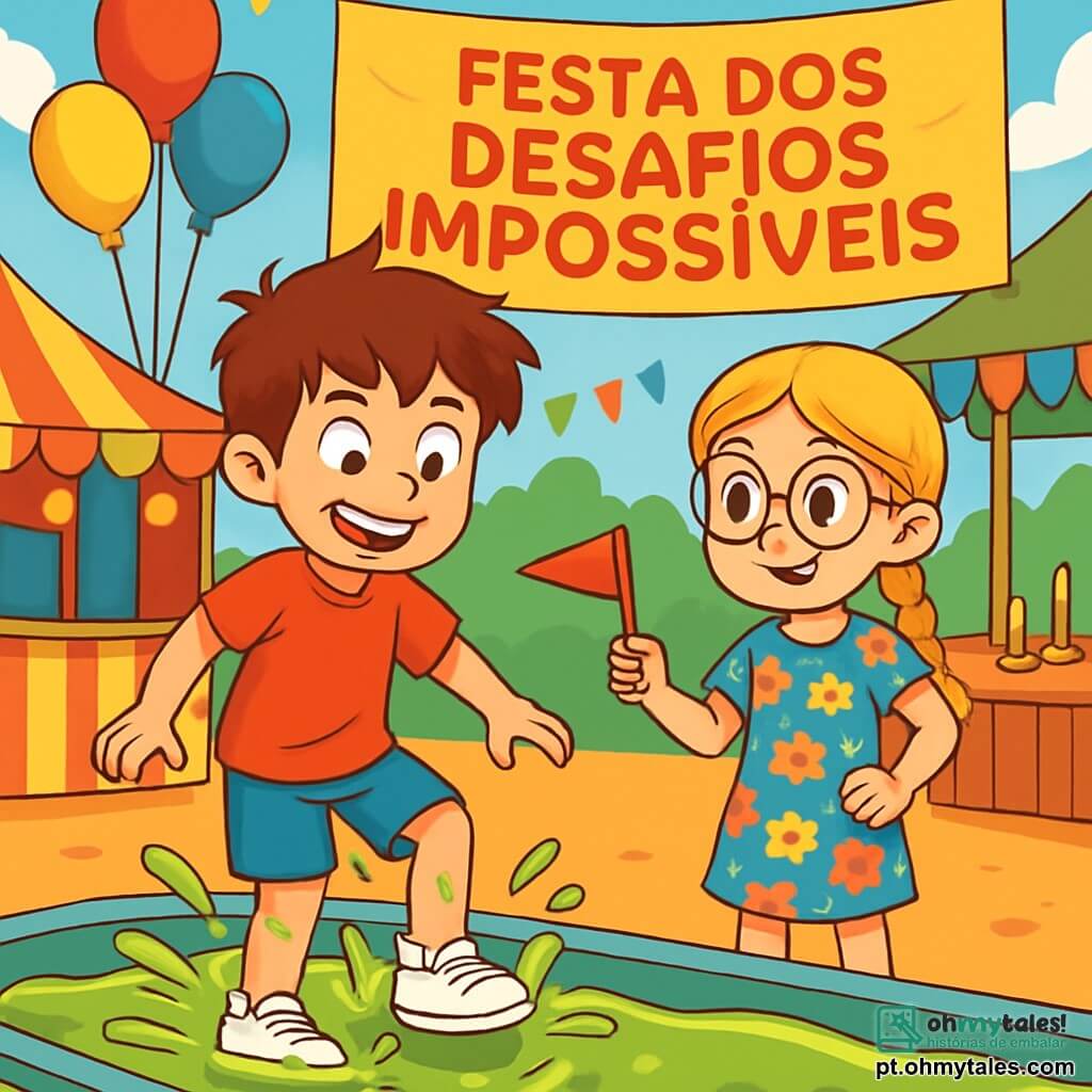 Um garoto de 10 anos, Nuno, com cabelos castanhos bagunçados e olhos brilhantes de curiosidade, está à beira de uma piscina de gelatina verde-limão. Seu rosto está iluminado por um grande sorriso, revelando sua empolgação e um toque de nervosismo. Ele usa uma camiseta vermelha vibrante e um short azul, com tênis brancos levemente respingados de gelatina. Ao seu lado, sua melhor amiga Bia, uma menina de 10 anos com cabelos loiros trançados e óculos redondos, o incentiva com um olhar determinado. Ela veste um vestido florido e segura uma pequena bandeira de papel, pronta para apoiá-lo em seu desafio. O local é uma feira animada, cheia de cores vibrantes, balões flutuantes e risadas de crianças. No fundo, barracas decoradas com guirlandas e jogos de madeira chamam a atenção, enquanto uma grande placa anuncia a "Festa dos Desafios Impossíveis". A cena principal mostra Nuno, pronto para atravessar a piscina de gelatina sem escorregar, com respingos de gelatina voando ao seu redor. A atmosfera é alegre e cheia de suspense, capturando o espírito de aventura e camaradagem da história.