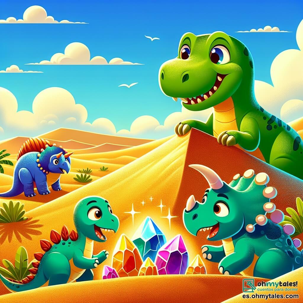 Un Tyrannosaurus Rex llamado Tito, con piel verde brillante y ojos llenos de curiosidad, está de pie sobre una duna de arena dorada, mirando con asombro un grupo de piedras brillantes de colores vivos. A su lado, su mejor amiga, una triceratops llamada Lila, con tres cuernos en la frente y piel rosa, se acerca sonriendo, con los ojos abiertos por la emoción. Un estegosaurio llamado Max, con placas dorsales en forma de hojas y piel verde, se encuentra un poco apartado, mordisqueando hojas de un árbol bajo, mientras observa la escena con aire intrigado. El escenario es un vasto desierto antiguo, con dunas de arena ondulantes bajo un cielo azul brillante, salpicado de algunas nubes blancas. La situación principal muestra a Tito y sus amigos descubriendo juntos las piedras brillantes, símbolos de su aventura y amistad, mientras comparten un momento de alegría y asombro.