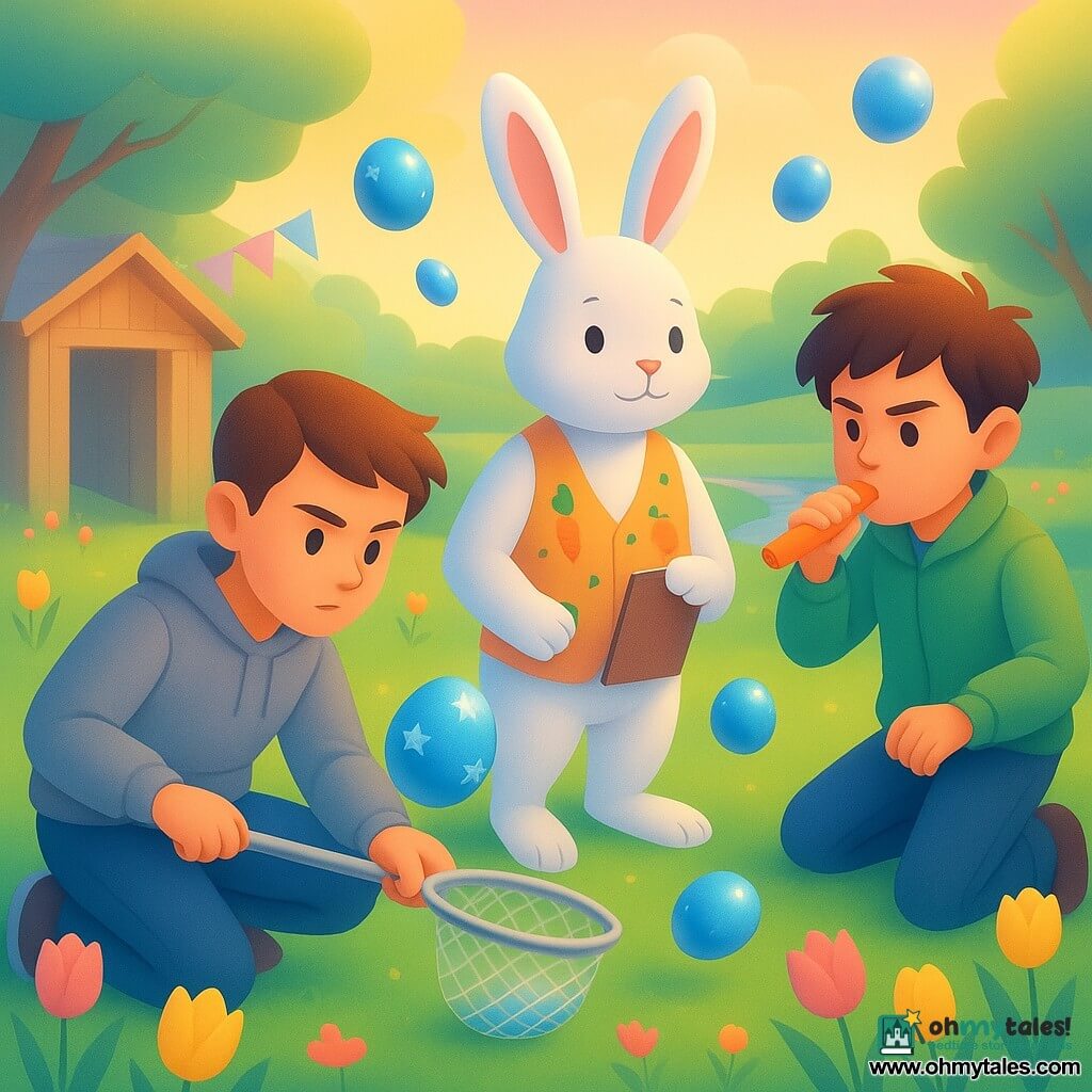 Three characters in a spring backyard: Leo, about 12, short chestnut hair, crouched left with a long-handled silver net reaching to catch a floating starry blue egg; Max, 12, tousled brown hair, light green jacket, standing right blowing an orange carrot-shaped whistle with a focused expression to guide the eggs; an anthropomorphic rabbit the size of a medium dog, white fur, wearing a small vest embroidered with carrots and stars and holding a clipboard, center-back leaning forward as team leader with ears up. Setting: bright green lawn dotted with pink and yellow tulips, a pastel-painted picnic table, a wooden shed with an ajar door left, a small wooden bridge over a silver stream in the background, pastel bunting and plastic eggs scattered on the grass, soft golden morning light. Action: the three coordinate capturing floating blue and silver eggs that hover like tiny planets—some rising toward branches, others turning near the ground—Leo readies the net, Max blows the whistle, the rabbit supervises with his clipboard; mood joyful and mysterious, saturated pastels, soft textures, and bright reflections on the eggs.