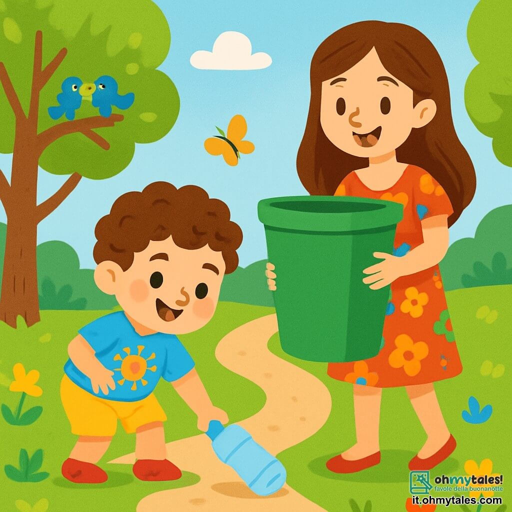 Un bambino di 2 anni, con capelli ricci e castani, un sorriso gioioso e occhi scintillanti, si piega per raccogliere una bottiglia di plastica da terra. Indossa una maglietta blu con un disegno di sole e pantaloni corti gialli. Accanto a lui, sua madre, una donna di circa 30 anni con capelli lunghi e castani, sorride orgogliosa mentre tiene un grande bidone verde. Indossa un vestito leggero e colorato e si tiene leggermente indietro, incoraggiando il figlio. La scena si svolge in un parco verdeggiante, con alberi maestosi e fiori colorati che danzano nel vento. Gli uccelli cantano gioiosamente tra i rami, e un sentiero di terra si snoda attraverso il parco. Il bambino e sua madre stanno pulendo il parco, rendendo la natura più bella e pulita, mentre farfalle volano attorno a loro, aggiungendo un tocco di magia a questa bella giornata.