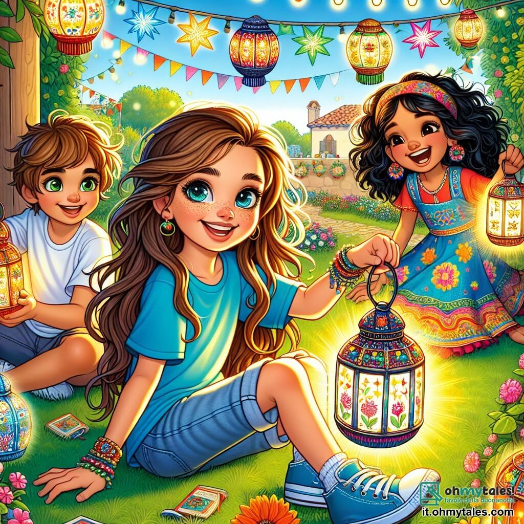 Una ragazza di 12 anni, Gioia, con lunghi capelli castani e occhi brillanti di curiosità, sorride felicemente mentre tiene una lanterna colorata decorata con disegni di fiori e stelle. Indossa una maglietta blu vivo e pantaloni corti di jeans, seduta sull'erba verde di un giardino soleggiato. Accanto a lei, un ragazzo di 12 anni, Luca, con capelli castani disordinati e un sorriso birichino, tiene un'altra lanterna, pronto ad appenderla. Un po' più in là, Yasmin, una ragazza di 12 anni con capelli neri e ricci, balla ridendo, indossando un vestito colorato, aggiungendo un tocco di gioia alla scena. Il giardino è decorato con ghirlande luminose e festoni multicolori, con fiori vivaci che danno vita all'ambiente. La scena principale mostra Gioia e i suoi amici che celebrano la “Festa di San Giovanni”, circondati da lanterne illuminate, condividendo risate e storie sotto un cielo azzurro, creando un'atmosfera festosa e calorosa.