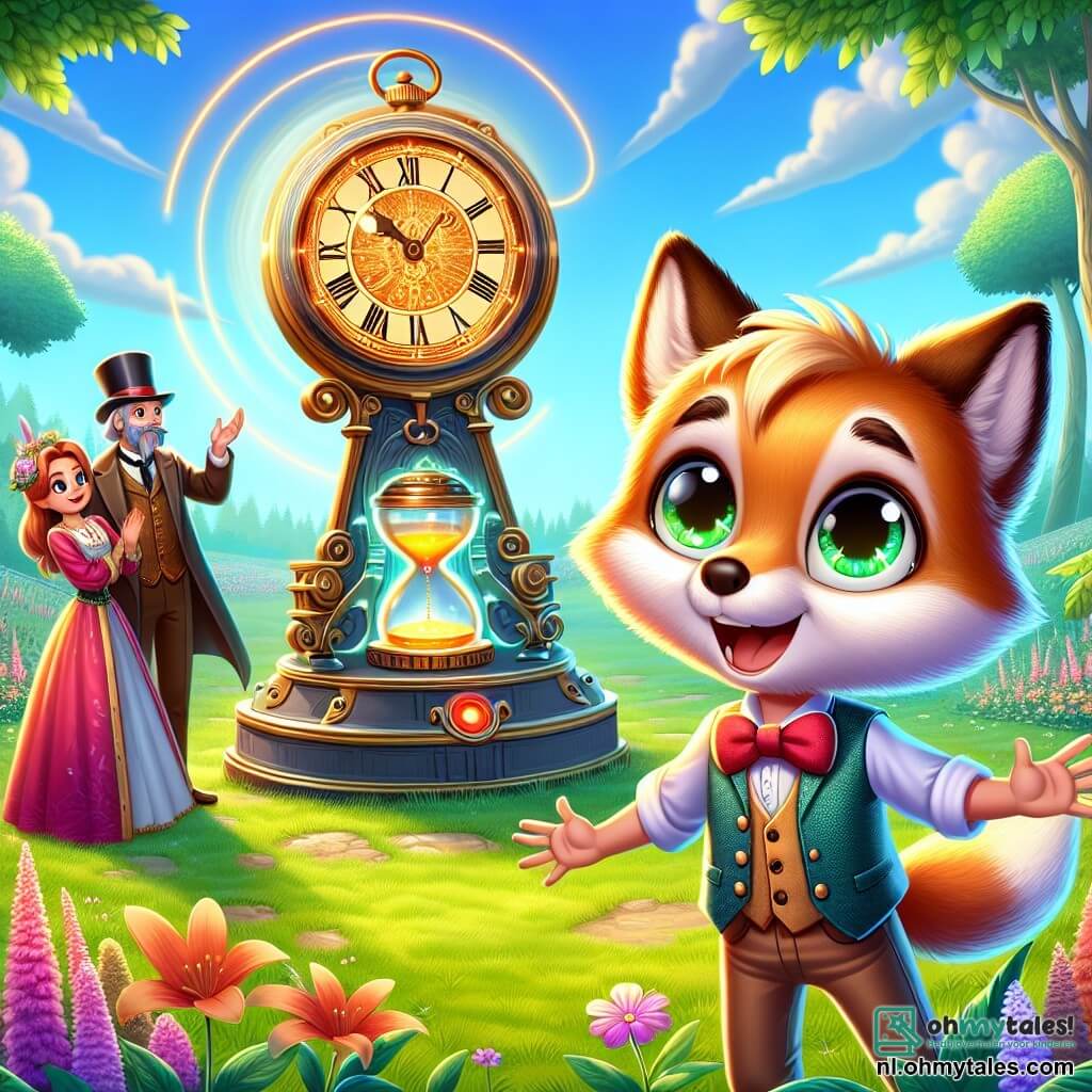 Vicky, een kleine vos met sprankelende ogen en een gouden vacht, staat in het midden van de afbeelding, met een glimlach op haar gezicht, vol opwinding na het ontdekken van een mysterieuze tijdmachine. Naast haar staat een man in oude kleding, met een hoge hoed en een verwonderde uitdrukking, die haar bewonderend aankijkt, terwijl een vrouw in een kleurrijke jurk, met haar handen op haar heupen, glimlacht en applaudisseert voor hun ontdekking. De achtergrond is een prachtig groen veld, bezaaid met schitterende bloemen onder een heldere blauwe lucht, met majestueuze bomen op de achtergrond. De tijdmachine, een grote, glanzende ronde klok, staat in het midden van het veld, omringd door een magische aura. Vicky, vol energie, is klaar om op de rode knop van de machine te drukken, terwijl de andere personages haar aanmoedigen, benieuwd waar ze hen naartoe zal brengen.