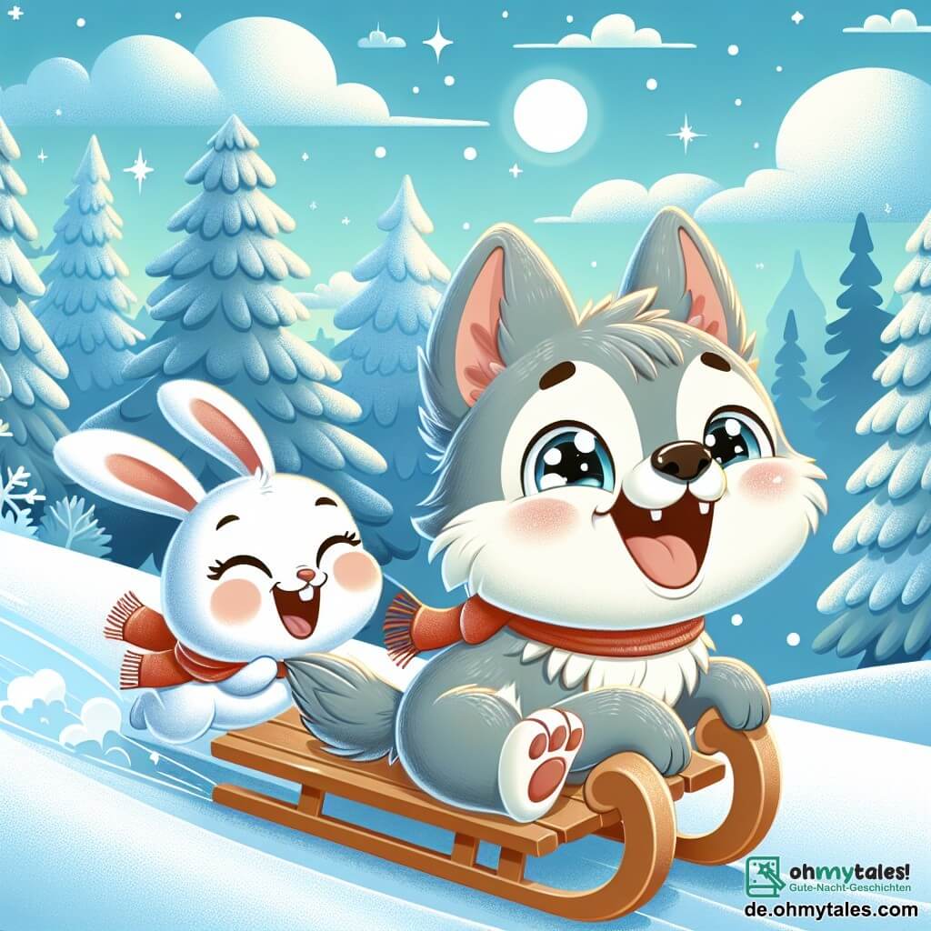Ein kleiner Wolf mit grauem Fell und funkelnden Augen gleitet auf einem kleinen Holzschlitten, lacht herzlich und zeigt eine große Aufregung auf seinem Gesicht. Neben ihm hält sich ein kleiner weißer Hase mit großen Ohren und strahlendem Lächeln am Schlitten fest, seine Hinterbeine in der Luft, bereit für das Abenteuer. Im Hintergrund eine verschneite Waldlandschaft mit majestätischen Bäumen, die mit glitzerndem Schnee bedeckt sind, und einem hellblauen Himmel, der mit bauschigen Wolken durchzogen ist. Die Szene zeigt den kleinen Wolf und den Hasen, die einen verschneiten Hügel hinunterfahren, umgeben von sanft fallenden Schneeflocken, die eine magische und fröhliche Winteratmosphäre schaffen.