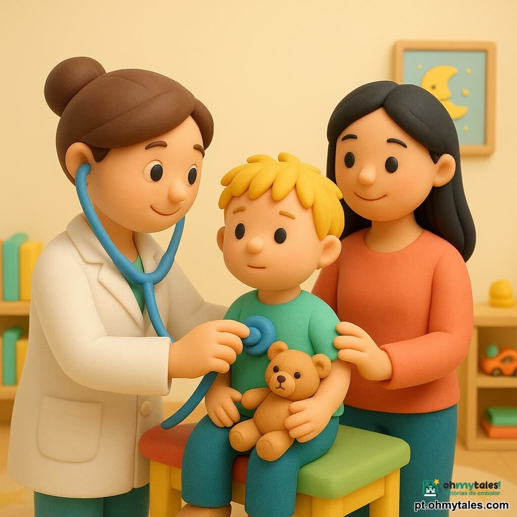 Uma médica sorridente e afetuosa, cabelo castanho preso em coque e bata branca, encosta um pequeno estetoscópio azul no peito de um menino de 3 anos de cabelos loiros e bagunçados que segura um ursinho bege e está sentado numa pequena mesa de exame; a mãe, na casa dos 30, cabelos longos e pretos, sorri e apoia a mão no ombro do menino. O consultório é acolhedor, com paredes creme, um grande tapete redondo com estrelas, uma prateleira baixa com livros e brinquedos e um cartaz do sol e da lua; luz dourada suave, sombras muito leves, texturas lisas e brilhantes. Cena íntima e tranquilizadora, gesto delicado da médica ouvindo o coração, paleta em tons pastel (azul céu, amarelo suave, verde menta e creme), contrastes suaves, contornos arredondados, composição simples e centrada em plano próximo nos três personagens.