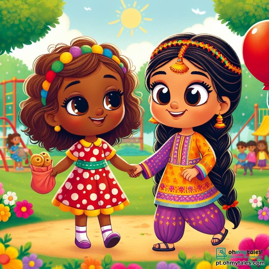 No centro da imagem, Clara, uma menina de 6 anos com cabelos castanhos e encaracolados, e grandes olhos curiosos, sorri alegremente. Ela usa um vestido colorido de bolinhas e segura um balão vermelho na mão. Sua expressão é cheia de entusiasmo e amizade, enquanto convida Lila a brincar com ela. Ao seu lado, Lila, uma menina de 6 anos de origem indiana, com longos cabelos negros trançados e pele caramelo, olha para Clara com um sorriso tímido. Ela veste uma túnica tradicional colorida com padrões florais e segura uma pequena bolsa cheia de samosas. Ela parece feliz e um pouco nervosa, mas pronta para se divertir. O cenário é um parque ensolarado, cheio de flores coloridas, árvores verdes e uma área de recreação animada. Crianças brincam ao longe, e um céu azul claro com algumas nuvens brancas adiciona suavidade à cena. A situação principal mostra Clara e Lila de mãos dadas, prontas para correr em direção à área de recreação, simbolizando sua nova amizade e a alegria de compartilhar momentos juntas, apesar de suas diferenças culturais.