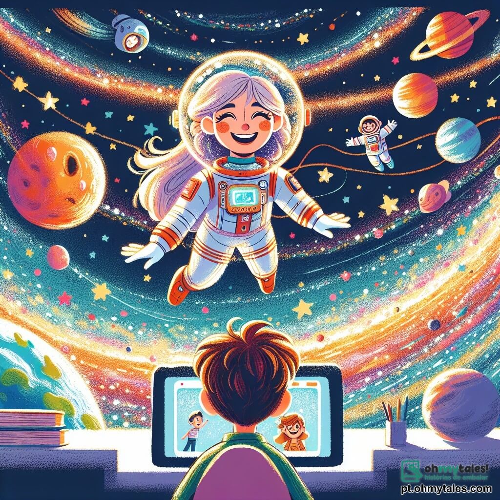 Ana, uma astronauta com um sorriso radiante, flutua alegremente no espaço, vestindo um elegante e colorido traje espacial. Seus olhos brilham de excitação enquanto ela faz uma pequena pirueta, cercada por milhares de estrelas cintilantes. Lucas, um menino de 8 anos com cabelos castanhos bagunçados e olhos curiosos, está diante de um computador na Terra, olhando para a tela com admiração e imaginando as aventuras de Ana no espaço. O cenário é um vasto céu estrelado, salpicado de planetas coloridos e nebulosas luminosas, criando um fundo mágico e inspirador. A situação principal mostra Ana conversando com Lucas através de uma tela, compartilhando seu entusiasmo pela exploração espacial e incentivando o jovem a seguir seus sonhos de astronauta.