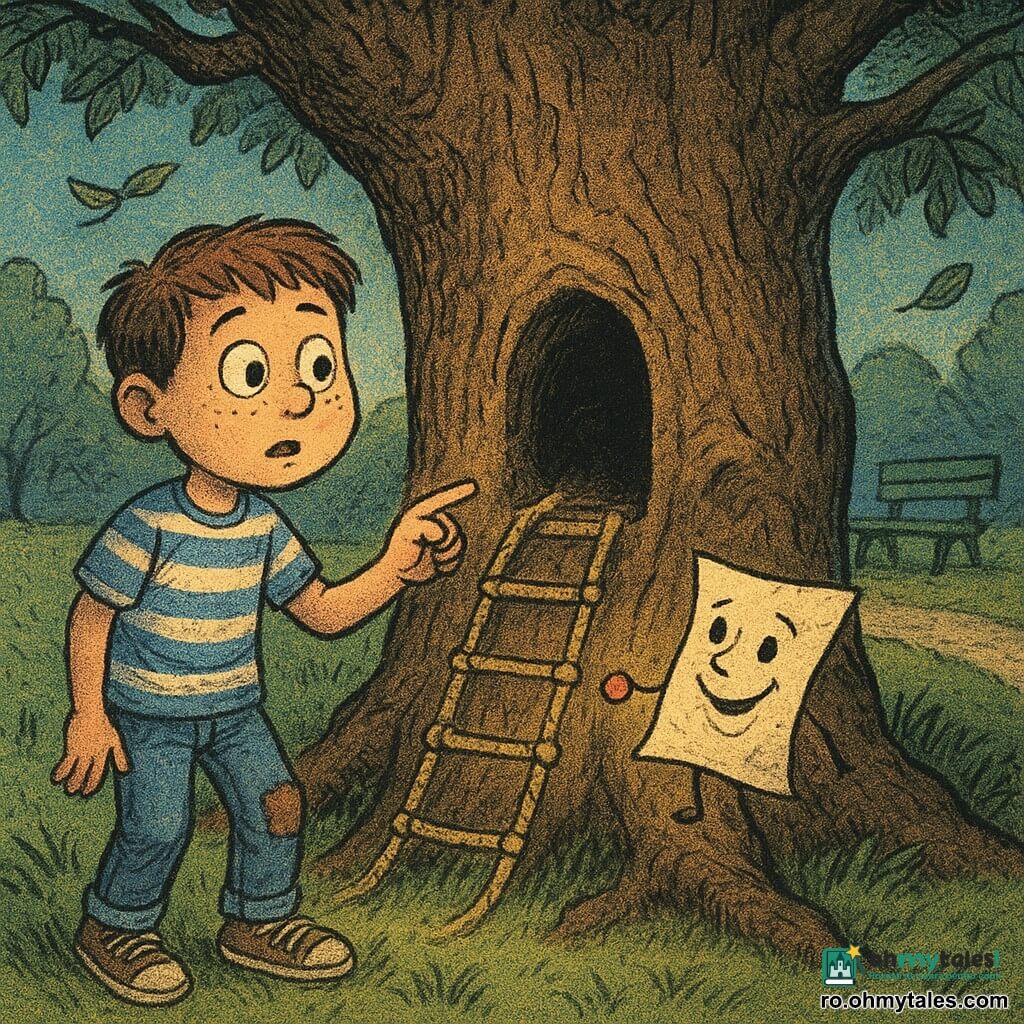 Un băiat de 10 ani, față rotundă cu pistrui, ochi mari și curioși, expresie uimită și ușor anxioasă, ține degetul pe un buton mic roșu lipit de trunchiul unui stejar bătrân cu scoarță crăpată; poartă tricou în dungi alb‑albastru, jeansi uzați cu genunchiul peticit și teniși ușor noroioși, stă pe gazon lângă o rădăcină noduroasă; o coală pliata în acordeon, animată ca un personaj, plutește la înălțimea mâinii sale cu un zâmbet tras cu tuș și litere rotunde; în trunchi se văd o ușiță rotundă și o scorbura, lângă care e butonul roșu strălucitor, iar din scorbura coboară o scară de frânghie iluminată de o lumină galbenă caldă care contrastează cu umbra albastră a serii; în jur se observă o bancă verde în fundal, alei de pietriș, iarbă înaltă și frunze tremurând, atmosfera e misterioasă și veselă, culori saturate și texturi granulare, linii rapide ca o impresie pe ziar.