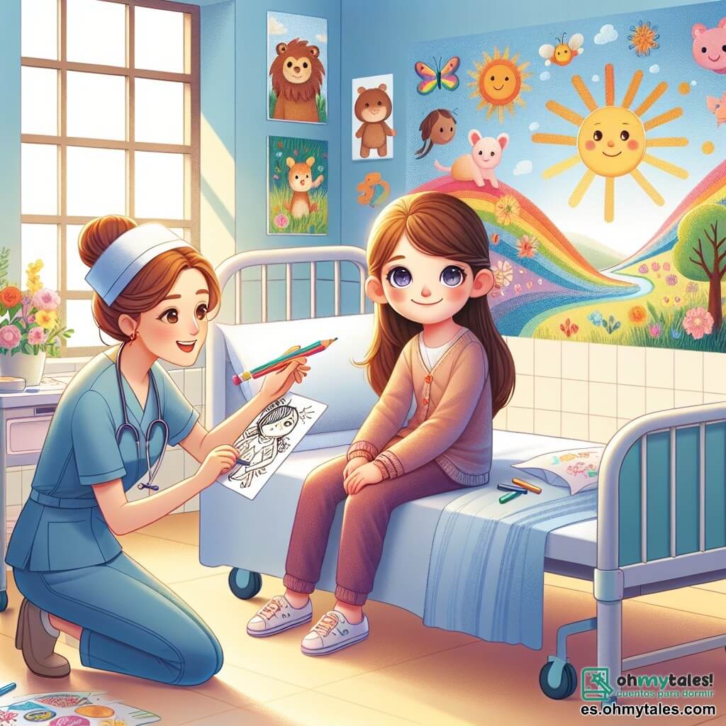 Una niña de 10 años, Clara, con largos cabellos castaños y ojos brillantes de curiosidad, está sentada en una cama de hospital. Tiene una sonrisa decidida en el rostro y sostiene un lápiz de colores en la mano, lista para dibujar. A su lado, otra niña, Elena, también de 10 años, con cabello rubio y gafas redondas, observa con admiración el dibujo de Clara, con las manos sobre las rodillas. Al fondo, una enfermera sonriente, Ana, de unos treinta años, con cabello castaño recogido en un moño, observa a las dos niñas animándolas. El lugar es una habitación de hospital luminosa, con paredes pintadas de azul claro y posters coloridos de animales y paisajes. Una gran ventana deja entrar la luz del sol, iluminando la habitación. La situación principal muestra a Clara y Elena colaborando para crear un hermoso mural en la pared de la habitación, lleno de dibujos de flores, sol y sueños, simbolizando la esperanza y la amistad en momentos difíciles.