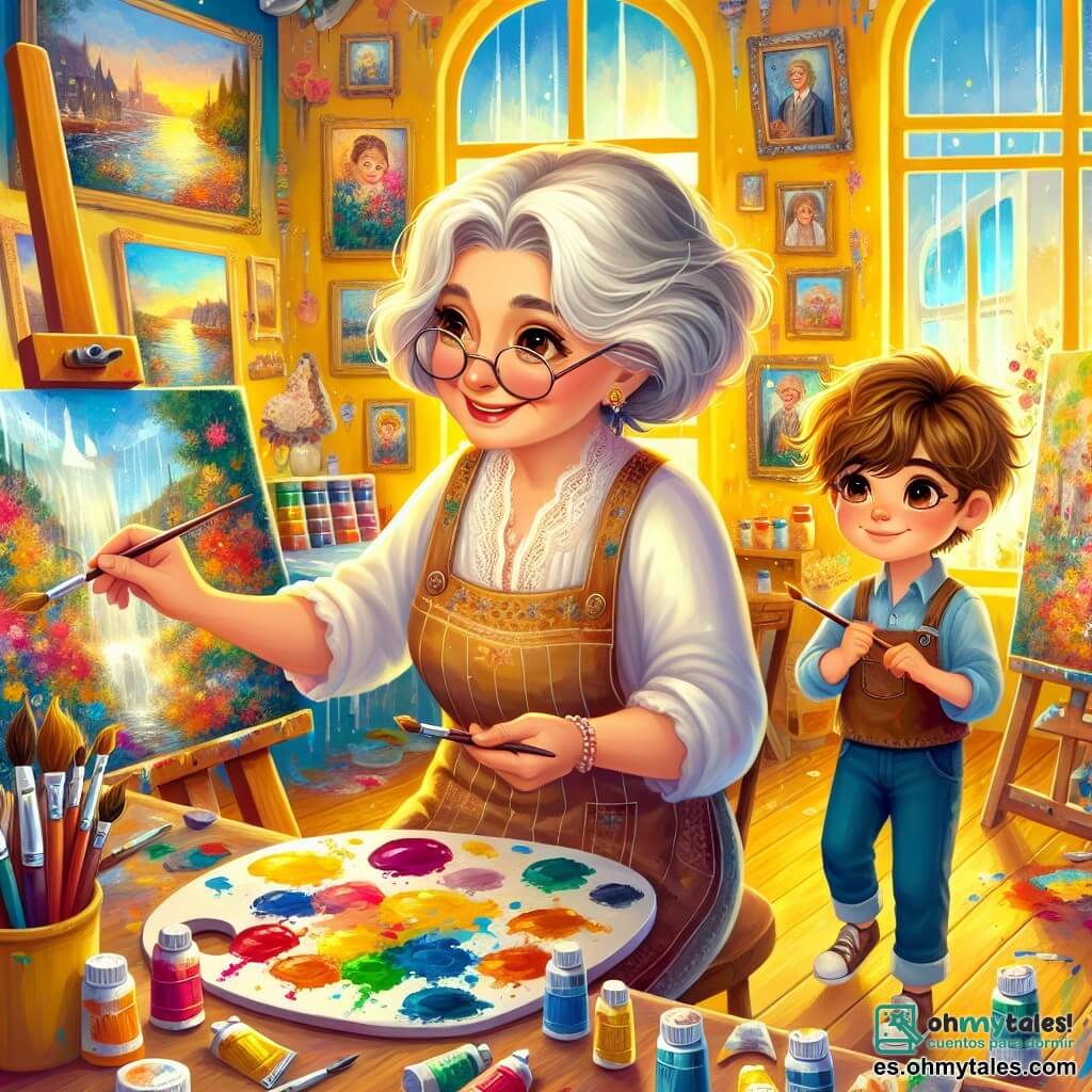 Una mujer mayor, Clara, se encuentra en el centro de su luminoso taller, rodeada de lienzos coloridos. Tiene el cabello plateado, una sonrisa cálida y gafas redondas que le dan un aire sabio. Clara está pintando con pasión, un pincel en la mano, mientras que salpicaduras de pintura vibrante adornan su delantal. A su lado, un niño de diez años, Lucas, observa con asombro. Tiene el cabello castaño desordenado y ojos brillantes de curiosidad. Lucas sostiene un pincel en su mano, listo para crear su propia obra, y se mantiene ligeramente apartado, inspirado por el talento de Clara. El taller es un espacio mágico, con paredes pintadas de amarillo brillante, grandes ventanas que dejan entrar la luz del sol y estanterías llenas de tubos de pintura y pinceles de todos los tamaños. Los lienzos colgados en las paredes muestran paisajes encantadores, y el suelo está salpicado de pequeños tarros de pintura derramados. La escena principal muestra a Clara y Lucas en plena creación, Clara guiando a Lucas en su proceso artístico, mientras colores vibrantes se entrelazan en sus lienzos, simbolizando la alegría y la inspiración compartida.
