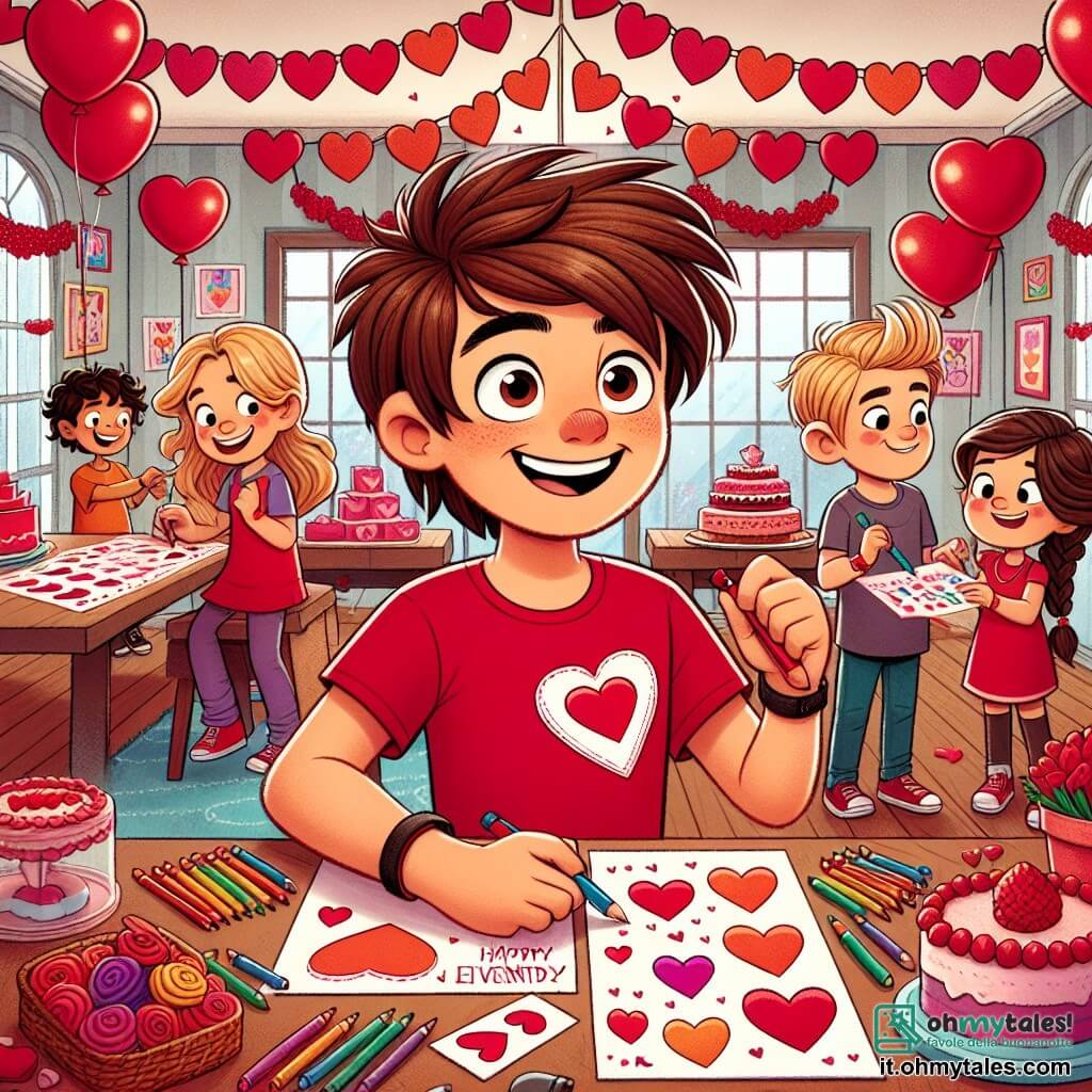 Un ragazzo di 12 anni, di nome Marco, con capelli castani arruffati e un grande sorriso, è al centro dell'immagine. Indossa una maglietta rossa con un cuore disegnato sopra e tiene in mano inviti colorati, traboccante di eccitazione e gioia. Accanto a lui, la sua migliore amica Maddy, una ragazza di 12 anni con capelli biondi intrecciati, sta disegnando cuori su un grande pannello decorativo, con uno sguardo concentrato e felice. Sullo sfondo, Luca, un ragazzo timido di 11 anni, sistema palloncini a forma di cuore, con gli occhi brillanti di entusiasmo. La scena si svolge in una sala decorata per una festa di San Valentino, con ghirlande di cuori rossi e palloncini che fluttuano dal soffitto. Un grande tavolo è carico di deliziosi dolci e biscotti a forma di cuore, mentre un angolo è riservato ai giochi, con cuori di carta pronti per essere lanciati. La situazione principale mostra Marco e i suoi amici mentre preparano la festa, circondati da risate e buon umore, pronti ad accogliere i loro compagni per una celebrazione gioiosa e colorata dell'amicizia e dell'amore.