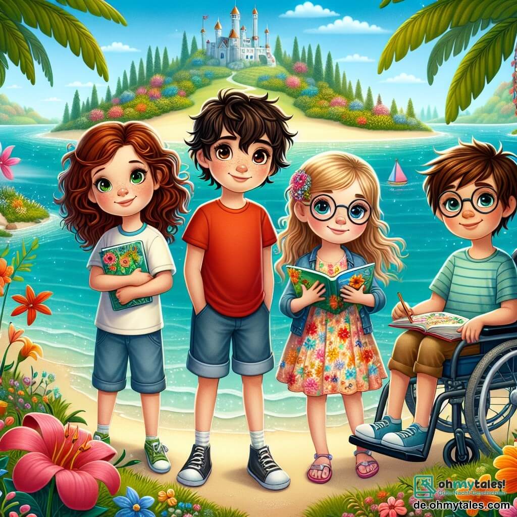 Im Zentrum des Bildes stehen vier Freunde am Ufer einer magischen Insel. Links steht Mia, ein 10-jähriges Mädchen mit lockigem, kastanienbraunem Haar und funkelnden Augen, in einem roten T-Shirt und einer Jeansshorts. Sie lächelt mutig und ist bereit für ein Abenteuer. Rechts von ihr hält Jonas, ein 11-jähriger Junge mit runden Brillen und zerzausten blonden Haaren, ein offenes Buch in der Hand, seine Augen leuchten vor Aufregung. Neben ihm zeichnet Leni, ein 9-jähriges Mädchen mit langen, glatten Haaren in einem bunten Kleid, Blumen in ein Notizbuch mit einem Bleistift. Schließlich sitzt rechts Ben, ein 10-jähriger Junge mit braunem Haar und einem warmen Lächeln, in seinem Rollstuhl und hält eine kleine Box voller Buntstifte. Im Hintergrund erstreckt sich die Szene auf einer bezaubernden Insel, umgeben von einem schimmernden türkisfarbenen Meer unter einem hellblauen Himmel. Majestätische Bäume mit lebhaft grünen Blättern stehen aufrecht, und bunte Blumen blühen am Boden. In der Ferne glänzt ein Schloss aus Wasser und Licht in der Sonne, während ein bunter Drache den Himmel überfliegt. Die Freunde bereiten sich darauf vor, in ein altes Holzboot zu steigen, das bereit ist, zum geheimnisvollen Schloss zu segeln, um die erste Prüfung ihres Abenteuers zu bestehen. Auf ihren Gesichtern strahlen Aufregung und Freundschaft, bereit, die Geheimnisse der Insel zu entdecken.