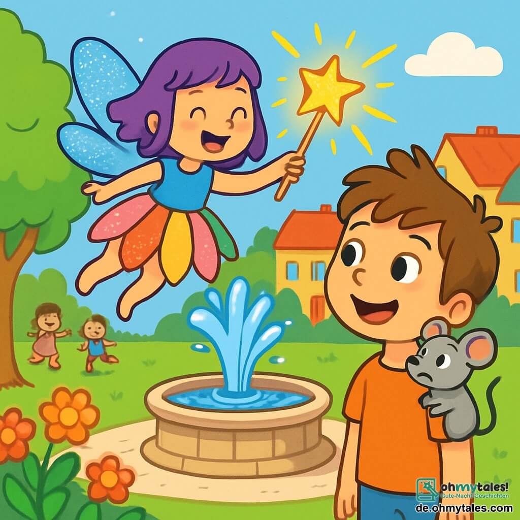Eine kleine Fee namens Lila mit schimmernden blauen, rosa und silbernen Flügeln fliegt fröhlich über einem großen Brunnen, ihr Gesicht strahlt vor Glück und Aufregung. Sie trägt ein Kleid aus bunten Blütenblättern, die in der Sonne funkeln. Neben ihr steht ein kleiner Junge von etwa 8 Jahren, Max, mit zerzausten braunen Haaren und einer kleinen grauen Maus auf seiner Schulter, die Lila anlächelt, seine Augen funkeln vor Staunen. Die Szene spielt in einem lebhaften Stadtpark mit grünen Bäumen, leuchtenden Blumen und einem alten Ste Brunnen in der Mitte, aus dem kristallklares Wasser sprudelt. Im Hintergrund säumen bunte Häuser den Park, und Kinder spielen fröhlich auf dem Gras. Lila hält einen glänzenden, alten goldenen Stern, der den Himmel mit Lichtblitzen erhellt, während sie sich wünscht, den wunderschönen Regenbogen in die Stadt zurückzubringen.
