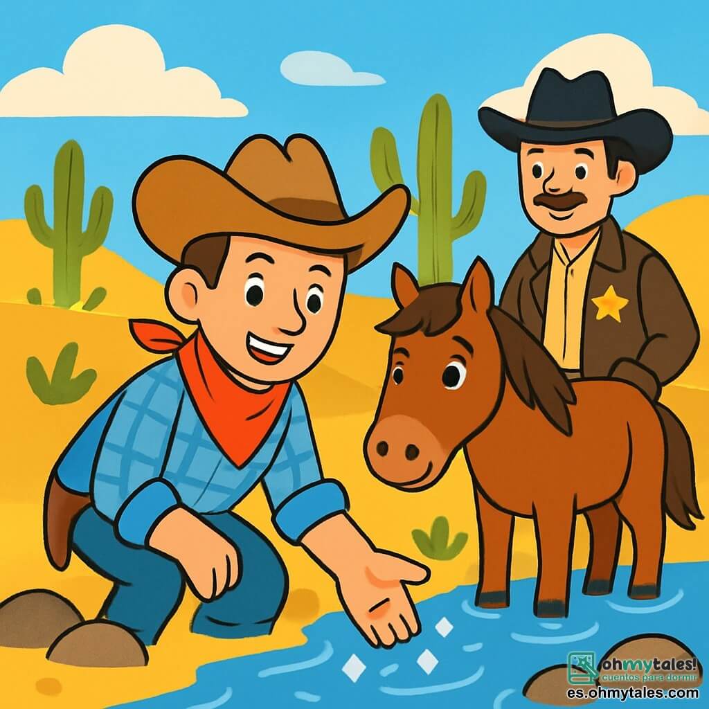 Un vaquero, Tomás, un hombre de unos treinta años, está de pie al borde de un arroyo brillante, con su amplio sombrero de fieltro y su bandana roja ondeando al viento. Su rostro es sonriente y decidido, con ojos chispeantes de curiosidad. Lleva una camisa de cuadros azules y un pantalón de mezclilla, mientras su fiel caballo, Pancho, un mustang marrón de ojos vivos, está a su lado, mirando atentamente el arroyo. El Sheriff Martín, un hombre de mediana edad con una estrella brillante en el pecho, está un poco más atrás, observando a Tomás con una sonrisa aprobatoria. Lleva un sombrero de vaquero negro y una chaqueta de cuero, y parece listo para ayudar a su amigo. El paisaje es del Oeste americano, con colinas doradas, cactus verdes y un cielo azul brillante salpicado de nubes blancas. El arroyo fluye suavemente, reflejando la luz del sol. La escena muestra a Tomás sumergiendo su mano en el agua clara, buscando pepitas de oro escondidas entre las piedras, mientras Pancho permanece alerta a su lado y el Sheriff Martín observa con interés, creando una atmósfera de aventura y camaradería.