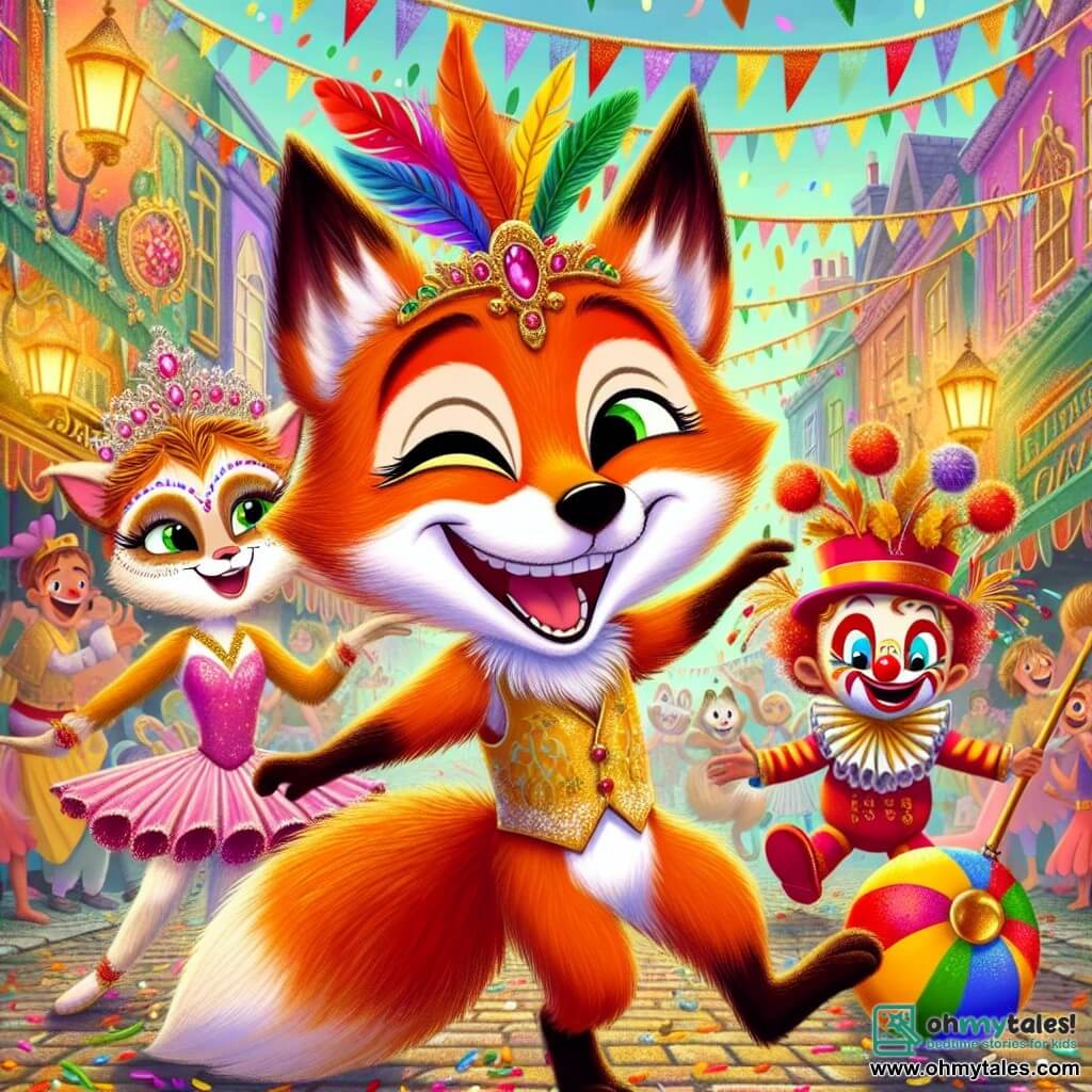 A young fox named Felix, with bright orange fur and sparkling eyes, wears a colorful costume made of shiny feathers and glittering leaves. He dances enthusiastically in the middle of the party, a big smile lighting up his face. Next to him, a puppet ballerina in a pink dress and golden hair performs graceful pirouettes, her face radiating happiness. A joyful clown, with a red nose and messy hair, juggles colorful balls, laughing heartily as he stands just behind Felix. The scene takes place in a lively street of Willow Creek, decorated with colorful garlands and twinkling lanterns, where villagers laugh and have fun around candy stalls. Felix and his friends celebrate the carnival together, surrounded by joyful music and laughter, creating a magical and festive atmosphere.
