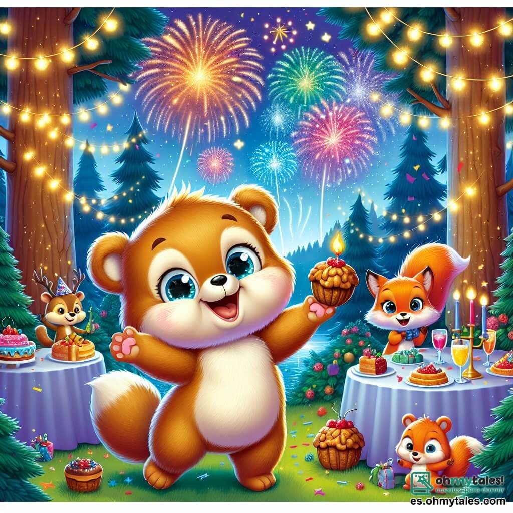 Ilustración que representa un pequeño oso de peluche, con un pelaje marrón claro y ojos brillantes de alegría. Sonríe ampliamente, con los brazos abiertos, en medio de una fiesta de Año Nuevo, rodeado de luces centelleantes. A su lado, una pequeña ardilla de pelaje rojizo, con grandes ojos brillantes de emoción, baila alegremente sosteniendo un pequeño pastel en forma de nuez. Un poco más lejos, una pequeña zorra de pelaje dorado, con una expresión maravillada, mira el cielo lleno de fuegos artificiales coloridos. El lugar principal es un claro encantado en un bosque, iluminado por guirnaldas de luciérnagas y decorado con ramas de abeto. Las mesas están llenas de deliciosos pasteles y bebidas afrutadas, mientras que majestuosos árboles rodean la escena, creando una atmósfera mágica. La situación principal muestra al pequeño oso de peluche celebrando el Año Nuevo con sus amigos, mientras el cielo se ilumina con fuegos artificiales brillantes, llenando el aire de colores vivos y alegría. Otros elementos gráficos incluyen estrellas centelleantes en el cielo nocturno, confeti flotando en el aire y animales del bosque reunidos alrededor de las mesas, todos sonrientes y listos para festejar juntos.