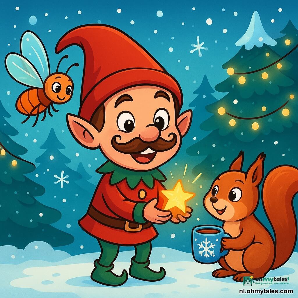 In het midden staat een kleine, ondeugende elf met een grote, krullende snor en een stralend rode tuniek, die ondeugend glimlacht en een kleine, fonkelende ster in zijn handen houdt. Zijn ogen twinkelen van ondeugendheid en hij staat op zijn tenen, klaar om een grap te maken. Aan zijn rechterkant observeert een eekhoorn met zijdezachte vacht en een pluizige staart, met een nieuwsgierige en speelse blik, de elf met een verwonderde glimlach terwijl hij een mok warme chocolademelk met sneeuwvlokken vasthoudt. Aan de linkerkant zweeft een meikever met doorschijnende, kleurrijke vleugels in de lucht, met een blije uitdrukking, klaar om de elf te applaudisseren. De achtergrond is een betoverd bos, vol met met sneeuw bedekte dennenbomen, versierd met lichtslingers. Zachtjes vallende sneeuwvlokken creëren een magische en feestelijke sfeer. De scène toont de ondeugende elf die een kerstgrap voorbereidt, omringd door zijn dierenvrienden, die allemaal benieuwd zijn naar de verrassing die hij heeft bedacht.