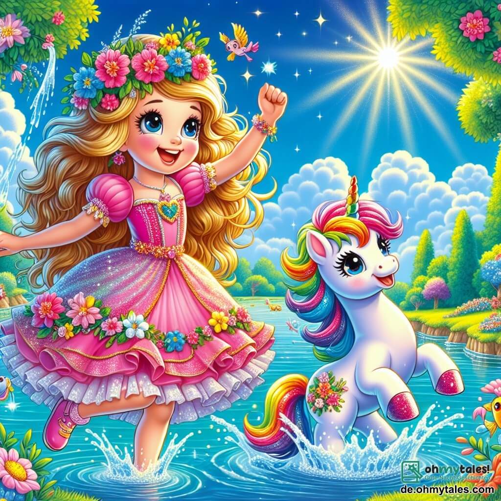 Die Prinzessin Lila, ein etwa 8-jähriges Mädchen, hat lange, gewellte, goldene Haare und trägt ein rosa Kleid, das mit bunten Blumen verziert ist. Sie ist voller Freude und lacht laut, während sie sich darauf vorbereitet, ins Wasser zu springen. Neben ihr springt ein kleiner, regenbogenfarbener Einhorn mit glitzernder Mähne fröhlich, seine Augen funkeln vor Neugier. Die Umgebung ist ein wunderschöner, verzauberter See, umgeben von üppigem Grün und bunten Blumen. Der Himmel ist strahlend blau, mit fluffigen weißen Wolken, und die Sonne scheint, wodurch funkelnde Reflexionen auf dem Wasser entstehen. Die Hauptsituation zeigt Lila und das Einhorn, die sich auf einen Wasserstrahl-Wettbewerb mit bunten Fischen vorbereiten, die fröhlich aus dem Wasser springen und eine festliche, fröhliche Atmosphäre schaffen.