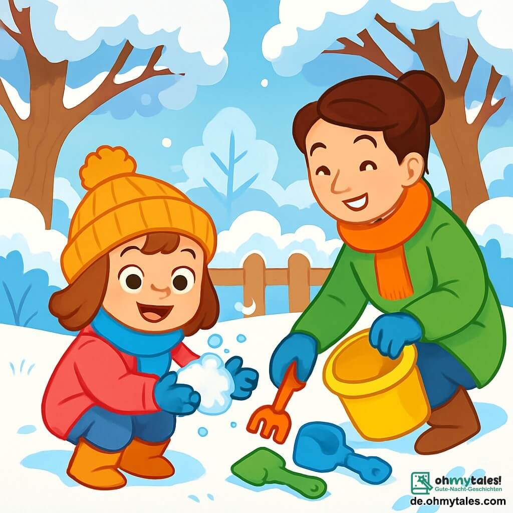 Ein kleines Mädchen von 4 Jahren, Lina, mit großen leuchtenden Augen und einem strahlenden Lächeln, trägt eine warme rosa Jacke, einen blauen Schal und eine hübsche Mütze mit Bommel. Sie hockt im Schnee, die Hände voller Flocken, bereit, sie fröhlich in die Luft zu werfen. Neben ihr lächelt ihre Mama, eine etwa 30-jährige Frau mit braunen, zu einem Dutt gebundenen Haaren und einem grünen Mantel, während sie bunte Spielzeuge aufhebt, um sie wegzuräumen. Sie befinden sich in einem verzauberten Garten, der mit einer dicken Schicht glitzernden Schnees bedeckt ist, mit Bäumen, deren Äste mit Schnee beladen sind, und Tierspuren im Boden. Die Szene zeigt Lina und ihre Mama, die den Garten für den Winter vorbereiten, umgeben von winterlicher Magie und Lachen.