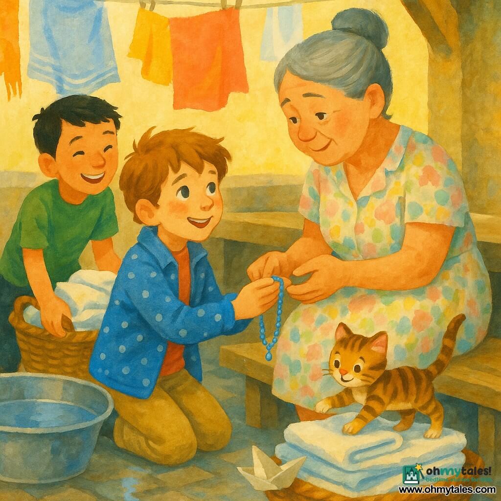 An 8-year-old boy, Milo, smiling and calm with tousled light brown hair, bright eyes, a blue polka-dot jacket and beige pants, kneels by a wooden table to tenderly offer a small wet blue necklace he found; across from him stands Mrs. Ortega, about 50, warm and rounded, gray hair in a bun and a pastel floral dress, receiving it with gentle emotion; nearby a 10-year-old boy, Tomas, short black hair and a green T-shirt, smiles softly while helping pull a wicker basket of clean laundry to Milo’s right, and a tiny playful tabby kitten, Buttons, pawing a crumpled paper boat, leaps onto a pile of towels; the scene is an old outdoor washhouse with silver metal basins, worn wooden benches, colorful laundry fluttering on lines and shiny wet stone floors, lit softly and rendered in gouache with visible brushstrokes and soft colors, composition focused on the shared looks between Milo, Mrs. Ortega and Buttons.