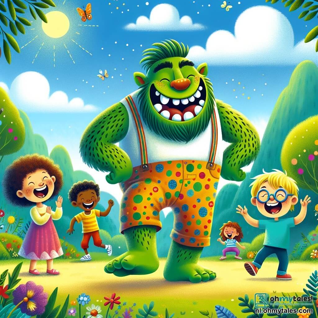 In het midden van de afbeelding danst een grote groene ogre genaamd Olli vrolijk, met een brede glimlach die zijn grote witte tanden onthult. Hij heeft sprankelende ogen van blijdschap en gespierde armen die op komische wijze bewegen. Zijn lichaam is bedekt met kleine gele vlekken en hij draagt een kleurrijke katoenen short die bij zijn grappige uitstraling past. Rondom hem is een groep van drie kinderen aanwezig. Een 7-jarig meisje met krullend haar en een roze jurk lacht luid terwijl ze Olli ziet dansen. Een 8-jarige jongen met een bril en een blauwe t-shirt applaudisseert enthousiast, terwijl een andere 6-jarige jongen met blond haar probeert hem na te doen met onhandige dansbewegingen naast hem. De scène speelt zich af in een zonnig park, vol met kleurrijke bloemen en groene bomen. De lucht is helderblauw met enkele donzige witte wolken. Vlinders fladderen om hen heen en voegen een vleugje magie toe aan de vrolijke sfeer. De hoofdscène toont Olli, de ogre, die op speelse en uitbundige wijze danst, terwijl de kinderen hem vol verwondering bekijken en lachen, wat een moment van geluk en vriendschap creëert.