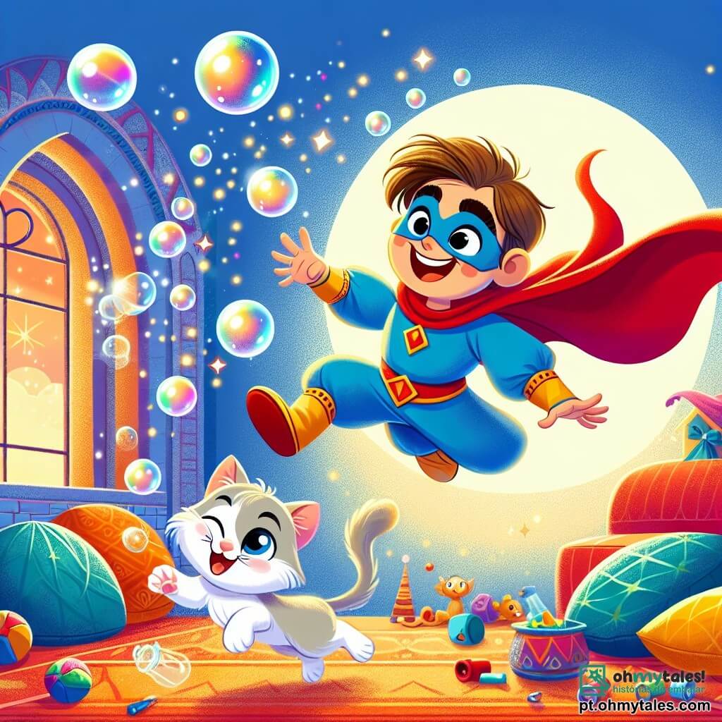 Um super-herói homem, Zeca, com um traje azul vivo e uma capa vermelha esvoaçante, salta alegremente no ar, seu rosto radiante de felicidade e travessura, com bolhas de sabão brilhantes saindo do nariz. Ao lado dele, seu adorável gatinho Pelúcia, um pequeno felino de pelos macios e sedosos, com olhos brilhantes de travessura, faz piruetas no ar, com um sorriso travesso. A cena acontece em uma sala de estar colorida, cheia de brinquedos espalhados, almofadas fofas e raios de sol filtrando pelas janelas. Zeca e Pelúcia se divertem juntos, criando bolhas de sabão gigantes que flutuam ao redor deles, preenchendo o ar com risadas e alegria.