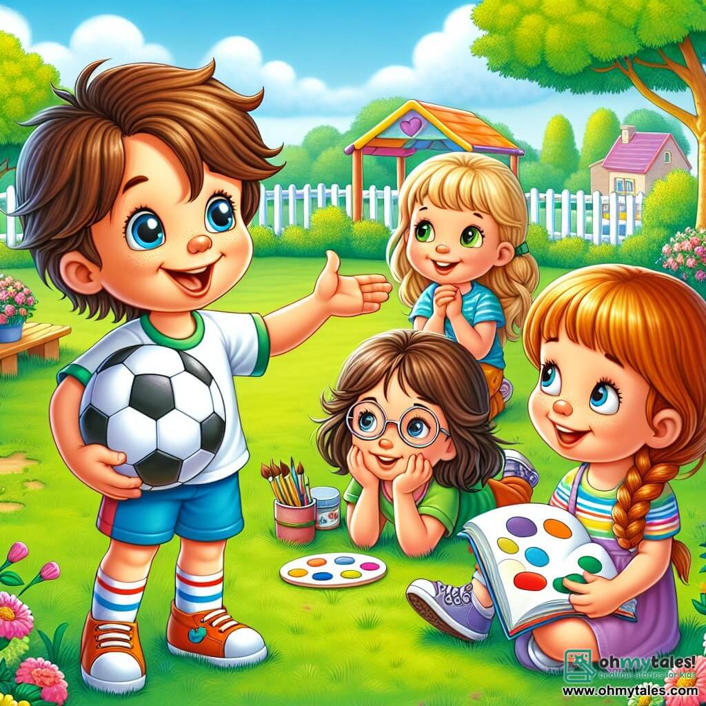 An 8-year-old boy named Max, with messy brown hair and sparkling blue eyes, is at the center of the image, smiling enthusiastically as he shows a soccer ball to his friends. To his right, Emma, a 7-year-old girl with braided blonde hair and a colorful dress, holds a paint palette, looking at Max with admiration. On the left, Sophie, an 8-year-old girl with brown hair and glasses, sits on the grass with an open book on her lap, listening attentively. In the background, the sunny playground is surrounded by green trees and colorful flowers, creating a joyful and friendly atmosphere. The scene shows Max sharing his ideas about soccer, while Emma and Sophie are ready to join in, illustrating gender equality and the importance of celebrating differences.
