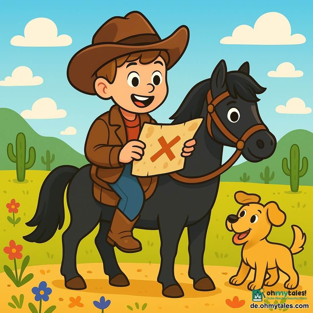 Ein junger Cowboy-Junge namens Tommy, etwa 10 Jahre alt, trägt einen großen braunen Cowboyhut, eine braune Lederjacke und staubige Stiefel. Er hat ein aufgeregtes Lächeln im Gesicht und seine Augen glänzen vor Neugier. Er sitzt auf seinem schwarzen Pferd namens Blitz, das eine glänzende Mähne und lebhafte Augen hat. Neben ihm wedelt sein treuer Hund Max, ein kleiner Hund mit goldenem Fell, begeistert mit dem Schwanz und ist bereit, ihn auf dem Abenteuer zu begleiten. Die Szene spielt in einer sonnigen, weiten Prärie mit grünen Hügeln am Horizont, verstreuten Kakteen und einem blauen Himmel, der mit weißen Wolken gesprenkelt ist. Am Boden fügen bunte Wildblumen der Umgebung einen Hauch von Magie hinzu. Tommy hat gerade eine staubige Schatzkarte mit einem großen roten X entdeckt, die er in den Händen hält. Er schaut sich um, entschlossen, den richtigen Weg zu wählen, um den versteckten Schatz zu finden.