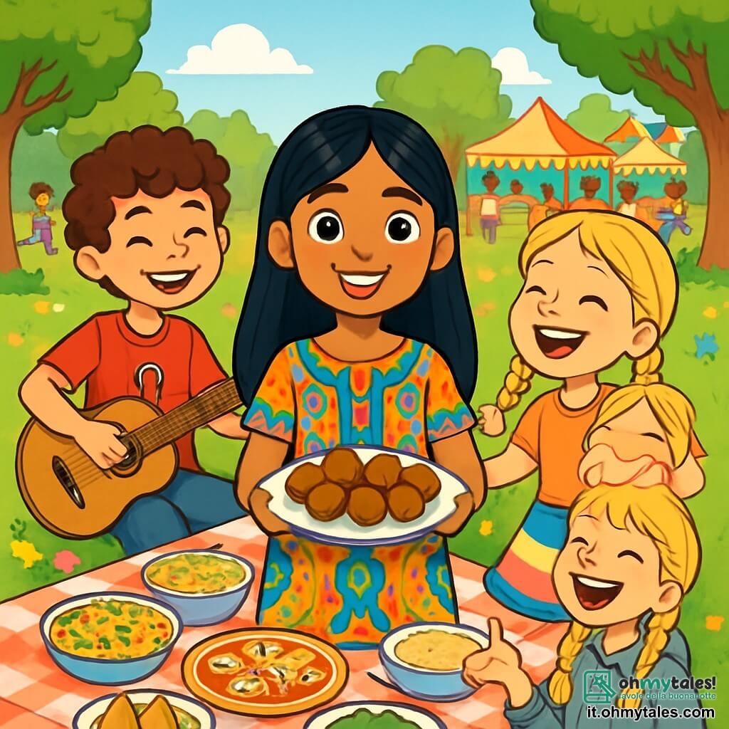 Ci sono 4 bambini: - Samira: una ragazza di 10 anni, con lunghi capelli neri e occhi marroni brillanti. Indossa un vestito colorato con motivi arabi e si trova al centro, sorridente, tenendo un piatto di falafel. - Matteo: un ragazzo di 11 anni, con capelli ricci e pelle chiara. Indossa una maglietta rossa con il logo del Milan e si trova a sinistra di Samira, mentre suona la chitarra. - Giulia: una ragazza di 10 anni, con lunghe trecce bionde e occhi azzurri. Indossa una gonna colorata e si trova a destra di Samira, mentre canta allegramente. - Luca: un ragazzo di 11 anni, con capelli castani e pelle leggermente abbronzata. Indossa una felpa grigia e si trova un po' indietro, sorridente e con un pezzo di pane di montagna in mano. L'ambientazione è un parco soleggiato, pieno di fiori colorati e alberi verdi. Una grande tovaglia è stesa sull'erba, coperta di piatti vari che rappresentano diverse culture. Sullo sfondo, si vedono bambini che giocano e famiglie riunite intorno a stand decorati. La scena principale mostra i quattro amici che condividono piatti tradizionali, ridendo e cantando insieme, simboleggiando l'armonia e la bellezza della diversità. I colori vivaci e i sorrisi radiosi illustrano la gioia dell'amicizia e della condivisione delle culture.