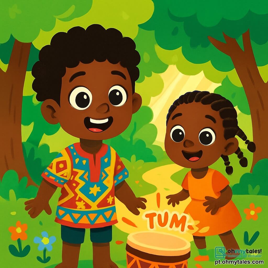 Kito, um menino de 8 anos com grandes olhos brilhantes e um sorriso radiante, está no centro do cenário, com uma expressão curiosa e maravilhada, cabelos crespos e uma túnica colorida com padrões africanos. Ao lado dele, uma menina de 6 anos, Amani, com tranças e um vestido de tecido leve, também observa fascinada, com os olhos brilhando de alegria. Eles estão em um bosque verdejante, onde majestosas árvores com folhas verdes balançam suavemente, e flores multicoloridas cobrem o chão. Ao longe, um raio de sol atravessa os galhos, iluminando um caminho de terra dourada. Kito e Amani se aproximam de uma fonte misteriosa de onde emana um som mágico, intrigados pelo som encantador que parece chamá-los para a aventura.