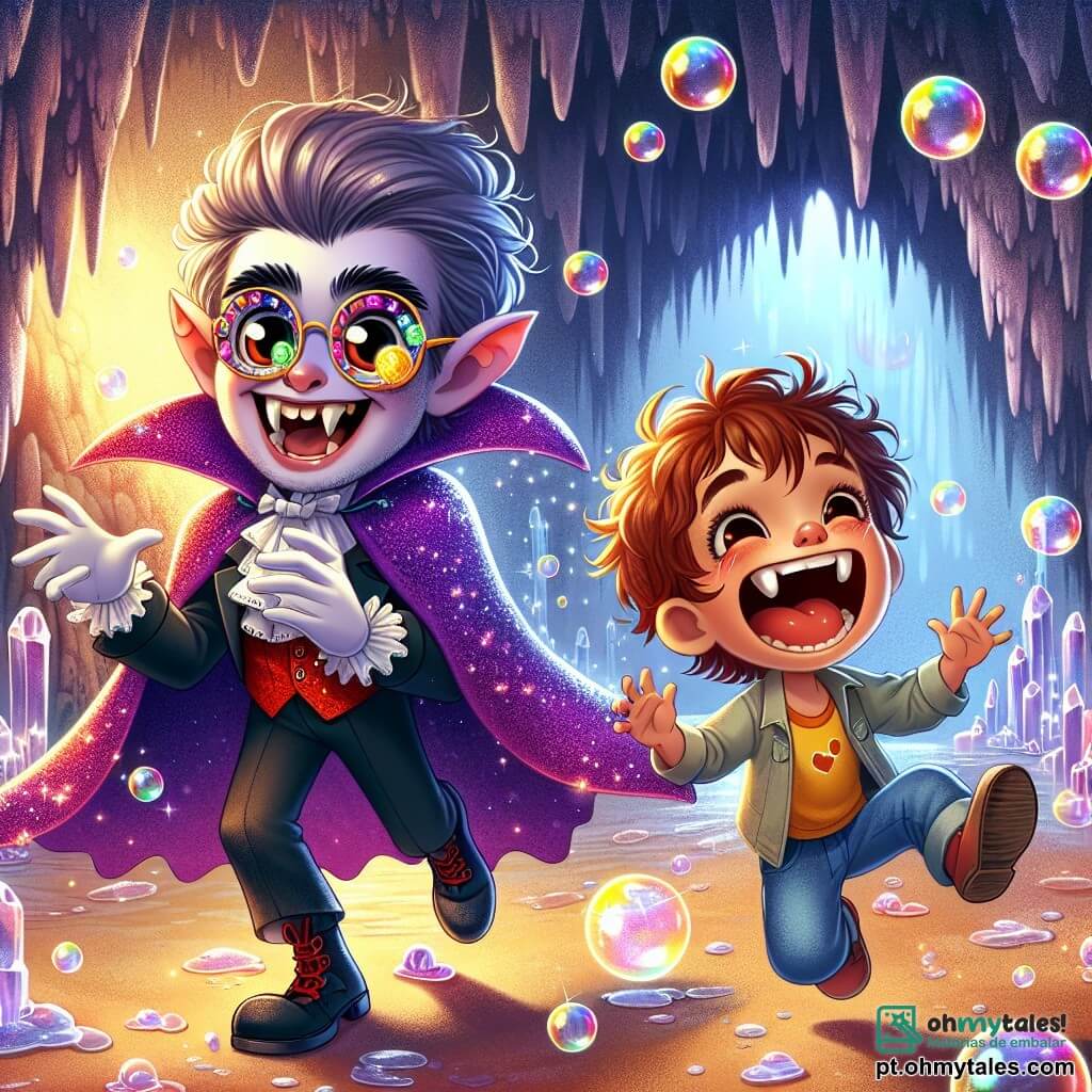 Um vampiro alegre, chamado Vlad, com grandes olhos redondos atrás de óculos coloridos, uma capa roxa cintilante e um sorriso radiante, tenta capturar uma pequena luz dançante que voa ao seu redor. Ao seu lado, um garoto de 8 anos chamado Tico, com cabelo bagunçado como um pompom e um sorriso brilhante, ri alto enquanto tenta pegar a luz com as mãos. A cena ocorre em uma caverna mágica, onde as paredes brilham como cristais e as estalactites reluzem, criando uma atmosfera de conto de fadas. Bolhas de sabão flutuam no ar, adicionando cor e magia ao ambiente. Vlad e Tico se divertem juntos correndo e pulando para pegar a luz travessa que os faz rir, transformando a caverna em um verdadeiro festival de alegria e risos.
