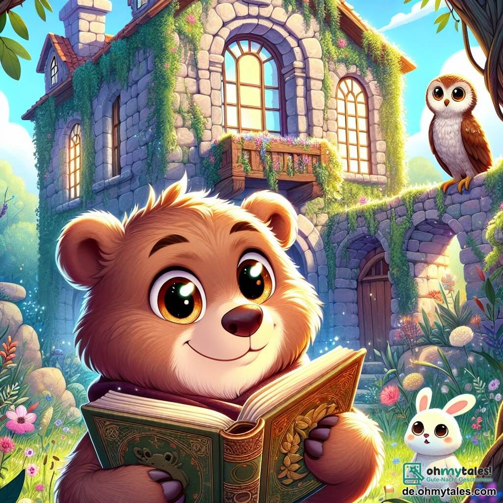 Ein junger Braunbär mit neugierigen Augen und einem schelmischen Lächeln steht vor einer alten, geheimnisvollen Villa, sein Fell glänzt im Sonnenlicht. Er hält ein altes Buch in seinen Pfoten, die Seiten sind aufgeschlagen, und er scheint fasziniert von dem, was er liest. Neben ihm sitzt eine kleine Eule mit weichem Gefieder und großen runden Augen auf einem Ast, die den Bären aufmerksam mit einer Mischung aus Besorgnis und Aufregung beobachtet, bereit ihm bei seiner Erkundung zu helfen. Ein kleines weißes Kaninchen mit langen Ohren und zitternden Schnurrhaaren steht etwas im Hintergrund, die Augen weit aufgerissen vor Staunen und beobachtet die Szene mit einem Hauch von Angst. 

Die Villa, umgeben von Lianen und wilden Blumen, ist alt und verfallen, mit zerbrochenen Fenstern und moosbedeckten Wänden, was eine sowohl magische als auch geheimnisvolle Atmosphäre schafft. 

Die Hauptsituation zeigt den Bären, der ein altes Buch voller Geheimnisse entdeckt, während seine Freunde ihn ermutigen, die verborgenen Rätsel der Villa zu erkunden, bereit für ein neues spannendes Abenteuer.