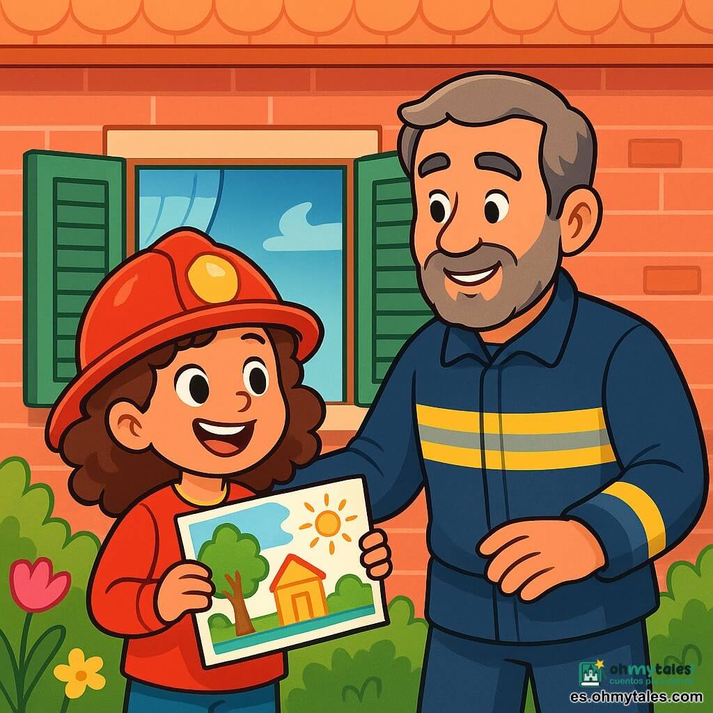 Clara, una niña de 8 años, es una aprendiz de bombera con cabello rizado y castaño, que lleva un casco de bombero rojo que brilla bajo el sol. Sonríe con entusiasmo, sus ojos brillan de alegría, sosteniendo un mapa colorido en sus manos. A su lado, el señor Tomás, un hombre de unos cincuenta años con barba canosa y un uniforme de bombero azul, la anima con una mirada orgullosa, manteniéndose ligeramente atrás, listo para ayudarla. La escena se desarrolla frente a una encantadora casa de ladrillos rojos, con contraventanas verdes y un jardín florecido, donde una ventana está abierta, dejando entrar una brisa fresca. Clara y los bomberos se preparan para ventilar la habitación, abriendo la ventana con cuidado, mientras el aire fresco entra, aportando una sensación de ligereza y felicidad.