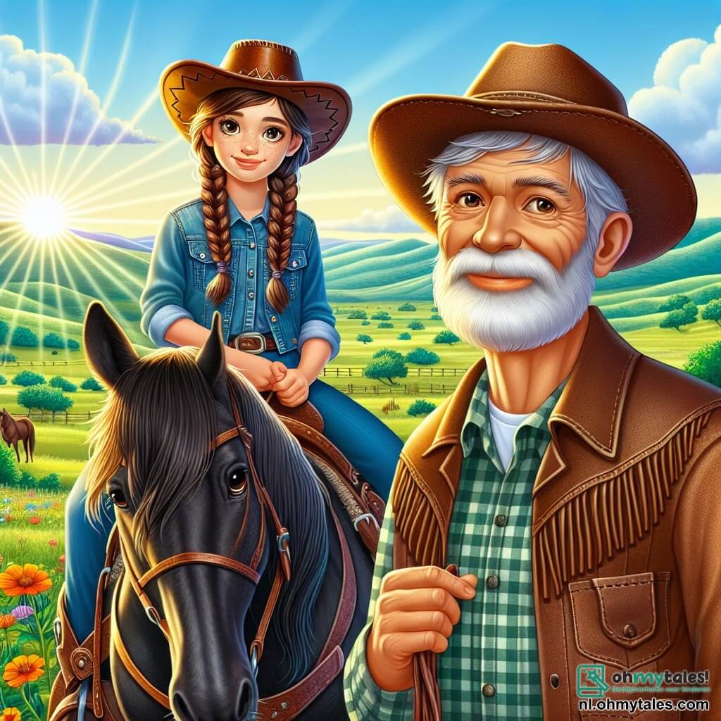Illustratie van een jonge cowgirl met lange, gevlochten, bruine haren, die een leren cowboyhoed en een denimjack met franjes draagt. Ze zit op een majestueus zwart paard, met sprankelende ogen vol opwinding, terwijl ze in de verte naar een groene vallei kijkt. Naast haar staat een oudere man van ongeveer zestig jaar met een grijze baard en diepe rimpels, die vriendelijk glimlacht. Hij draagt een geruite shirt en een strohoed, en staat iets naar achteren met zijn handen op zijn riem, terwijl hij de jonge vrouw met trots observeert. Op de achtergrond strekt een uitgestrekte prairie zich uit, bezaaid met kleurrijke wilde bloemen en zachte heuvels. De lucht is helderblauw met enkele witte, donzige wolken, terwijl een stralende zon de scène verlicht. De hoofdscène toont de vastberaden cowgirl, klaar om de mysterieuze vallei te verkennen die ze net heeft ontdekt, met een gevoel van avontuur en nieuwsgierigheid in de lucht. Vogels vliegen boven hen en een lichte bries laat het gras dansen, wat een vleugje leven aan deze vredige scène toevoegt.